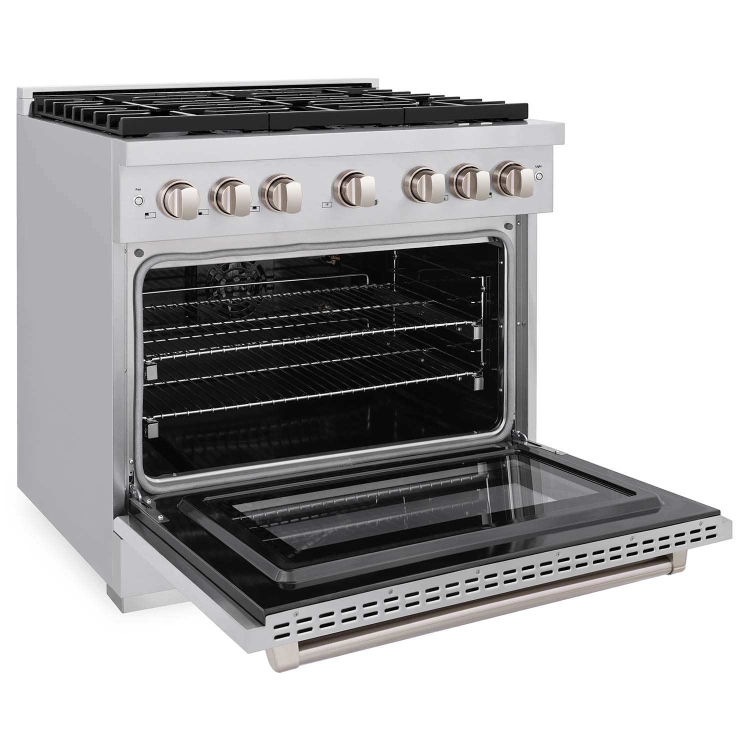 ZLINE 36 in. 5.2 cu. ft. 6 Burner Gas Range with Convection Gas Oven in Stainless Steel (SGR36) side, oven open.