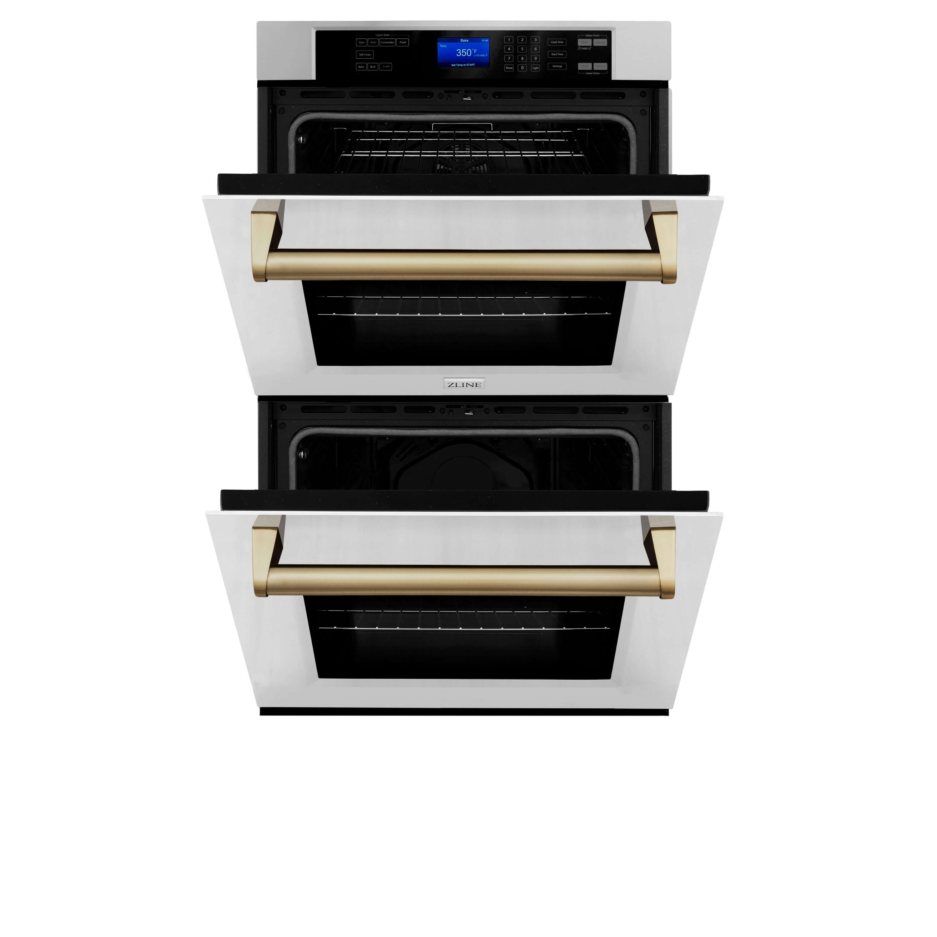 ZLINE Autograph Edition 30 in. Electric Double Wall Oven with Self Clean and True Convection in Stainless Steel and Champagne Bronze Accents (AWDZ-30-CB) front, oven half open.