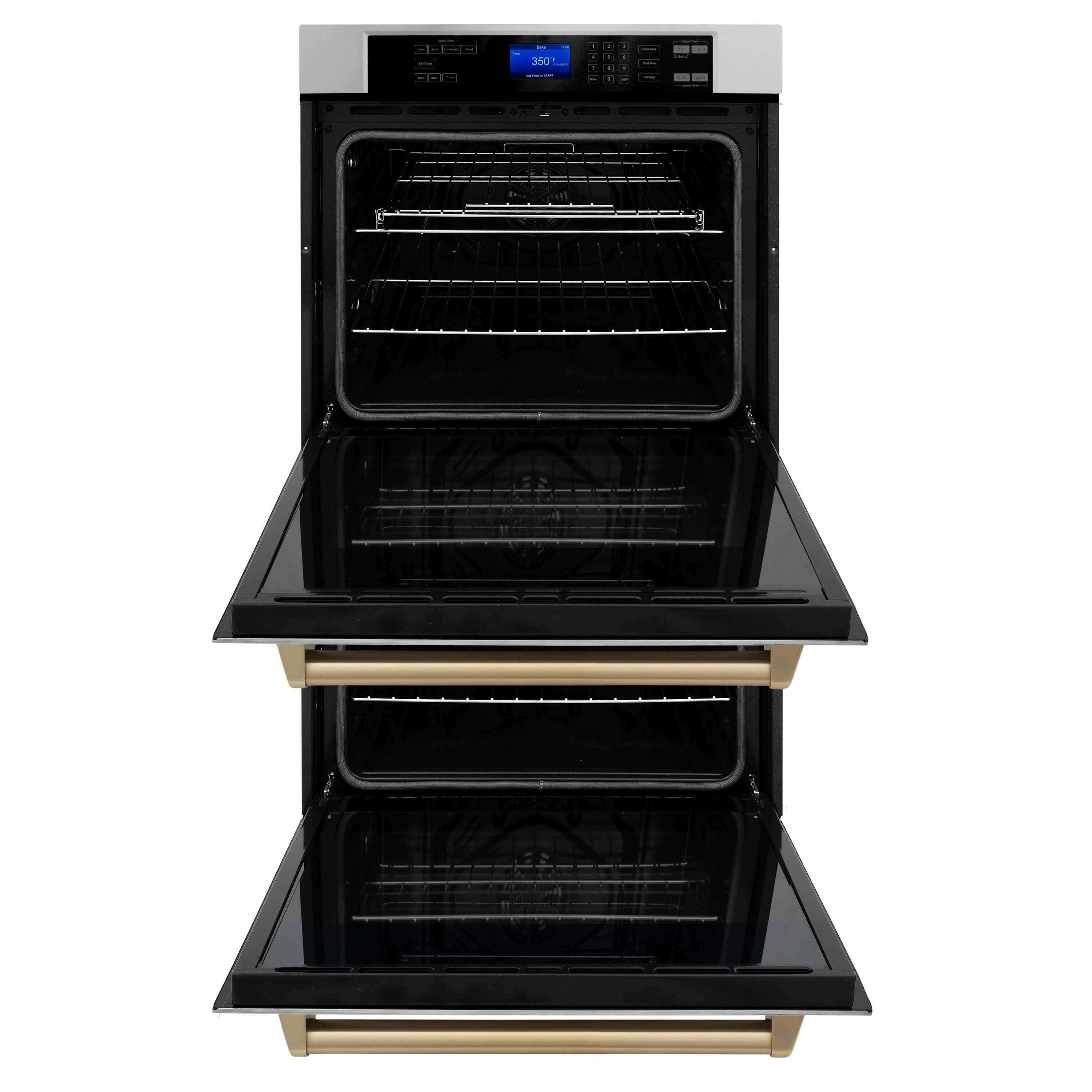 ZLINE Autograph Edition 30 in. Electric Double Wall Oven with Self Clean and True Convection in Stainless Steel and Champagne Bronze Accents (AWDZ-30-CB) front, oven open.