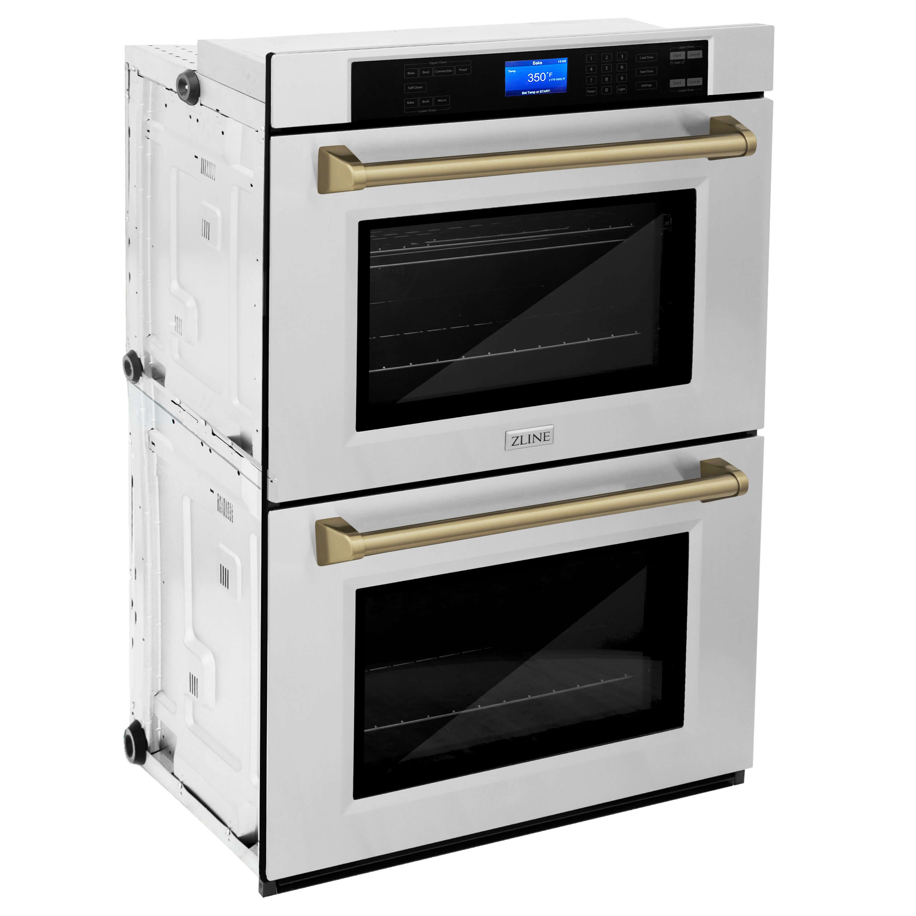 ZLINE Autograph Edition 30 in. Electric Double Wall Oven with Self Clean and True Convection in Stainless Steel and Champagne Bronze Accents (AWDZ-30-CB) side, oven closed.