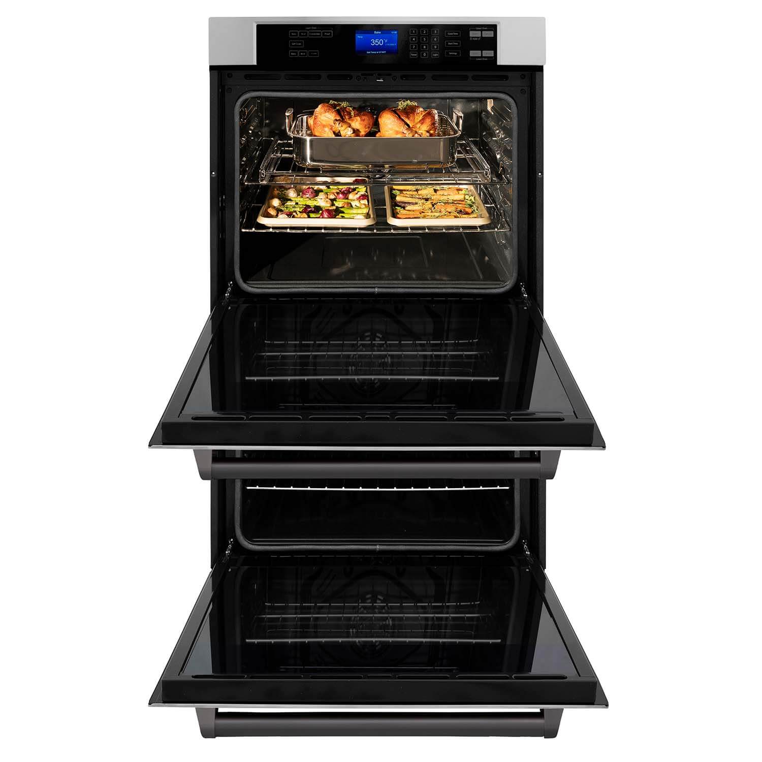 ZLINE Autograph Edition 30 in. Electric Double Wall Oven with Self Clean and True Convection in Stainless Steel and Matte Black Accents (AWDZ-30-MB) front, oven open.