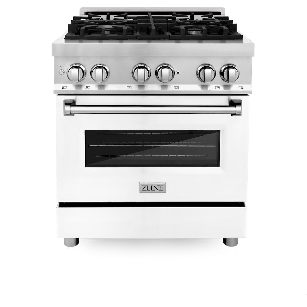 ZLINE 30 in. 4.0 cu. ft. Dual Fuel Range with Gas Stove and Electric Oven in Stainless Steel with White Matte Door (RA-WM-30) front, oven closed.