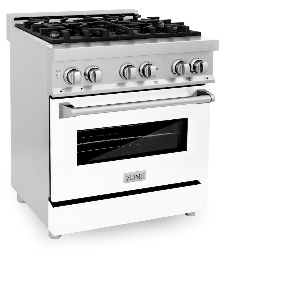 ZLINE 30 in. 4.0 cu. ft. Dual Fuel Range with Gas Stove and Electric Oven in Stainless Steel with White Matte Door (RA-WM-30) side, oven closed.