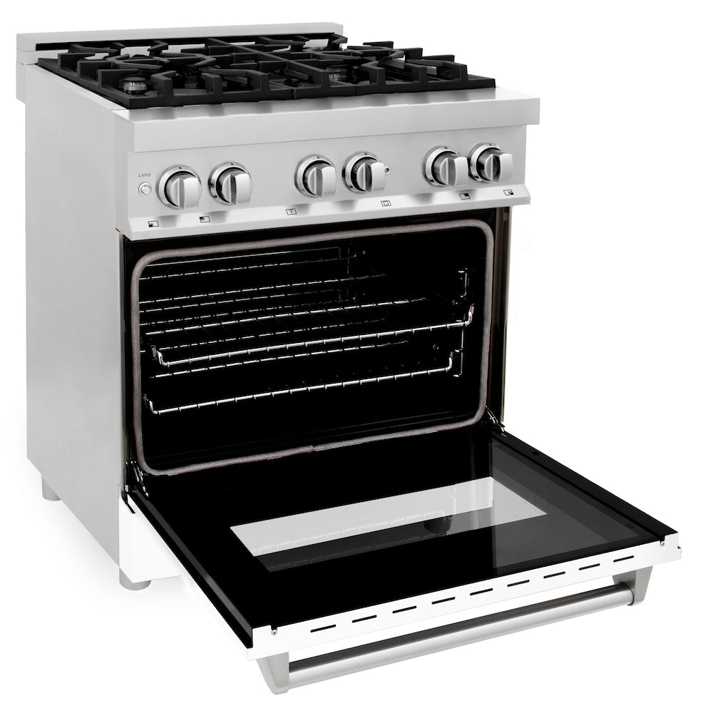 ZLINE 30 in. 4.0 cu. ft. Dual Fuel Range with Gas Stove and Electric Oven in Stainless Steel with White Matte Door (RA-WM-30) side, oven open.