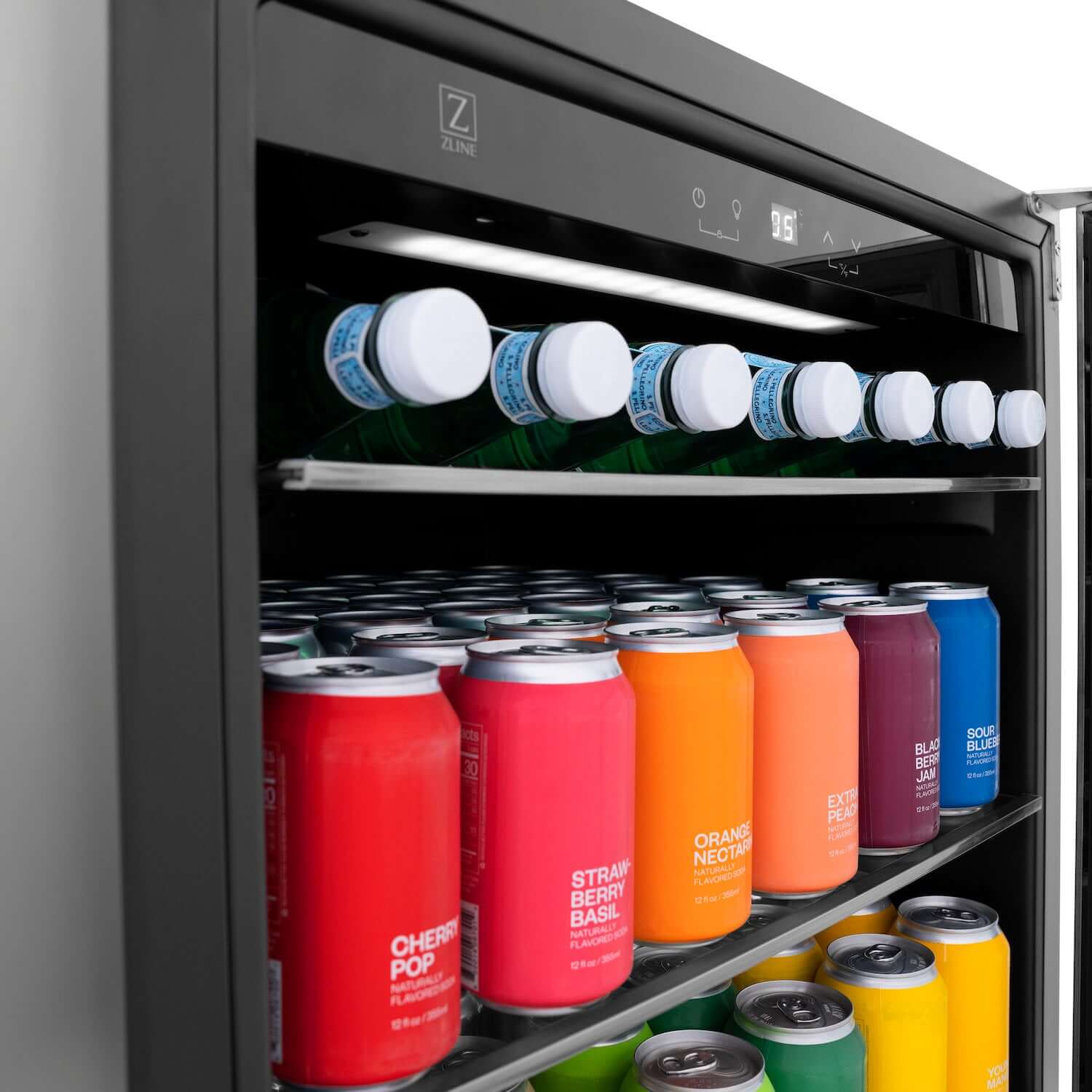 ZLINE beverage center with 3 levels of colorful drinks inside close up of top and middle shelves.