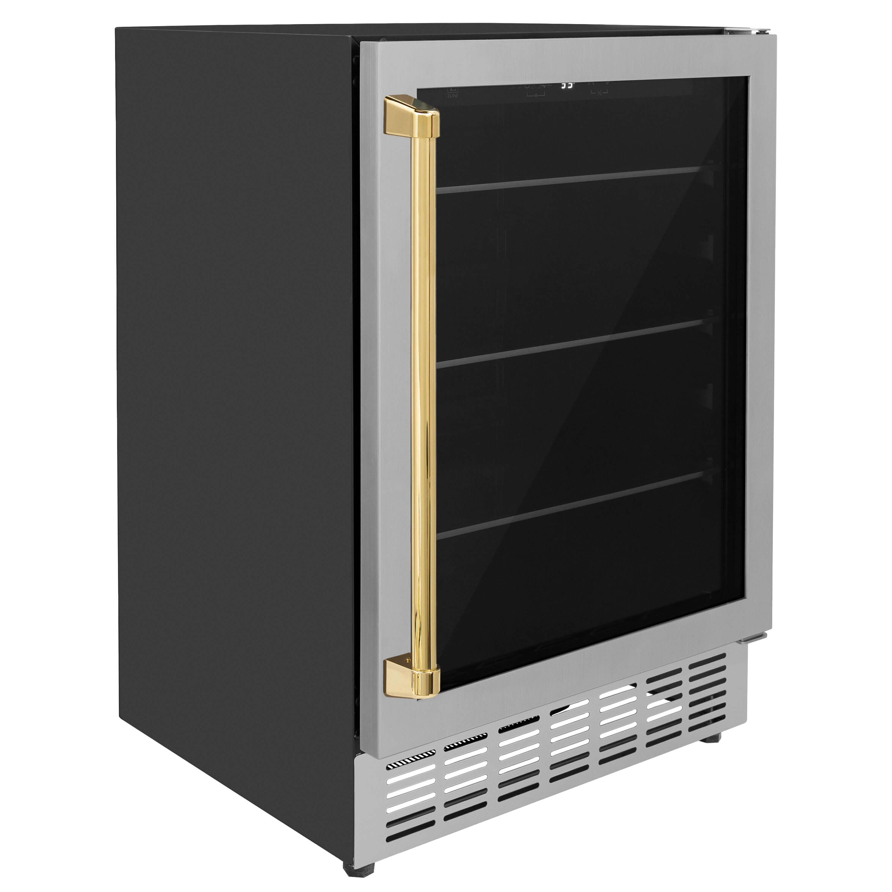 ZLINE Autograph Edition 24 in. Monument 154 Can Beverage Fridge in Stainless Steel with Polished Gold Accents (RBVZ-US-24-G) side, closed.