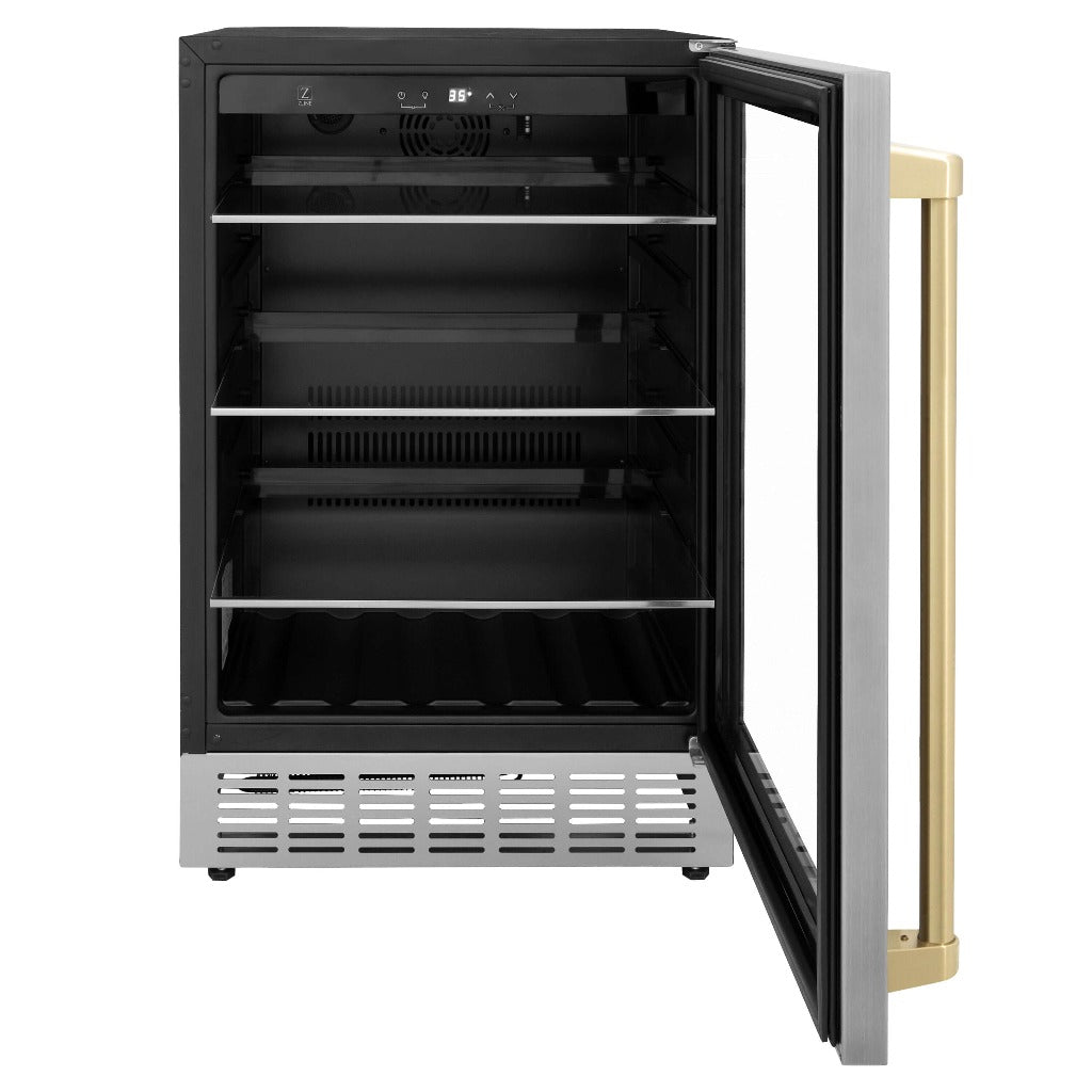 ZLINE Autograph Edition 24 in. Monument 154 Can Beverage Fridge in Stainless Steel with Champagne Bronze Accents (RBVZ-US-24-CB) front, open.