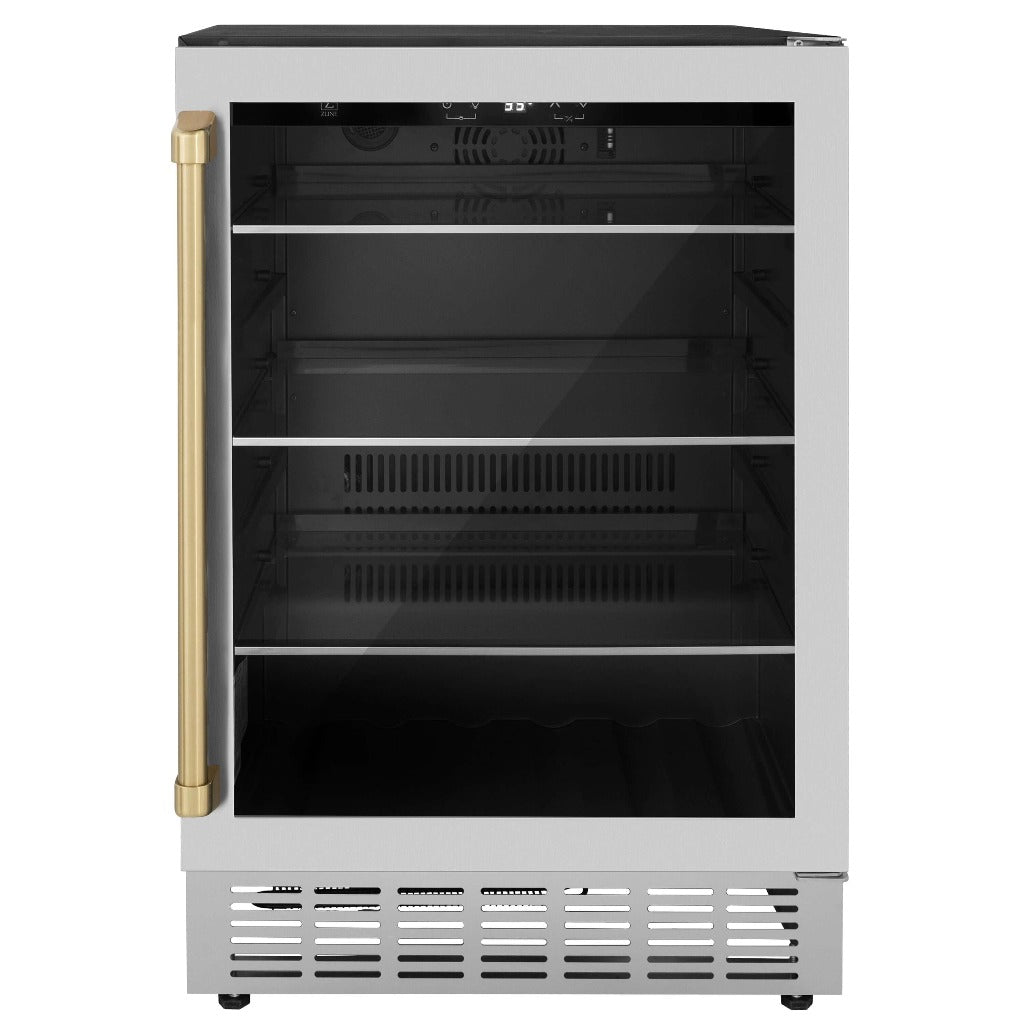 ZLINE Autograph Edition 24 in. Monument 154 Can Beverage Fridge in Stainless Steel with Champagne Bronze Accents (RBVZ-US-24-CB) front, closed.