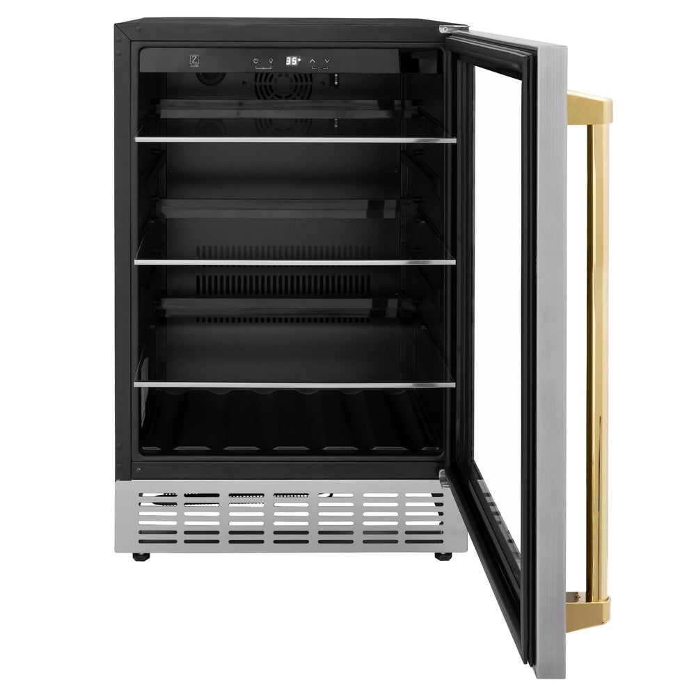 ZLINE Autograph Edition 24 in. Monument 154 Can Beverage Fridge in Stainless Steel with Polished Gold Accents (RBVZ-US-24-G) front, open.
