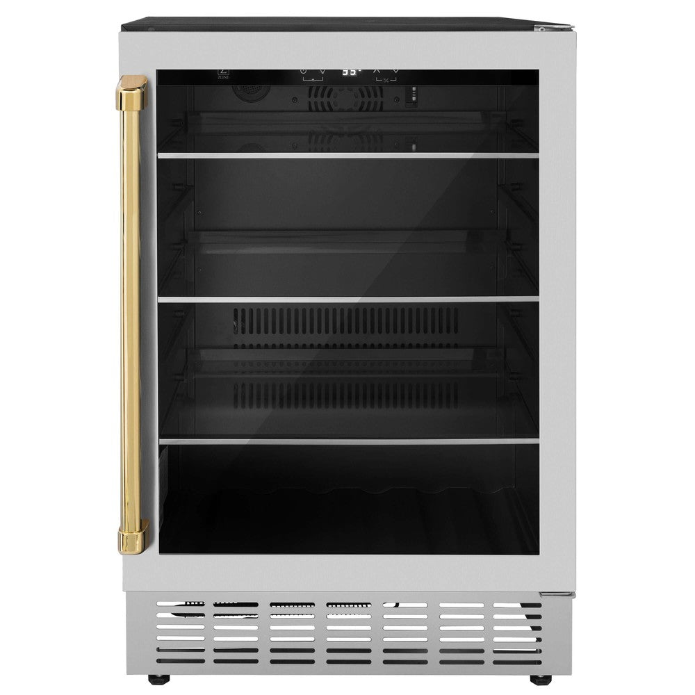 ZLINE Autograph Edition 24 in. Monument 154 Can Beverage Fridge in Stainless Steel with Polished Gold Accents (RBVZ-US-24-G) front, closed.