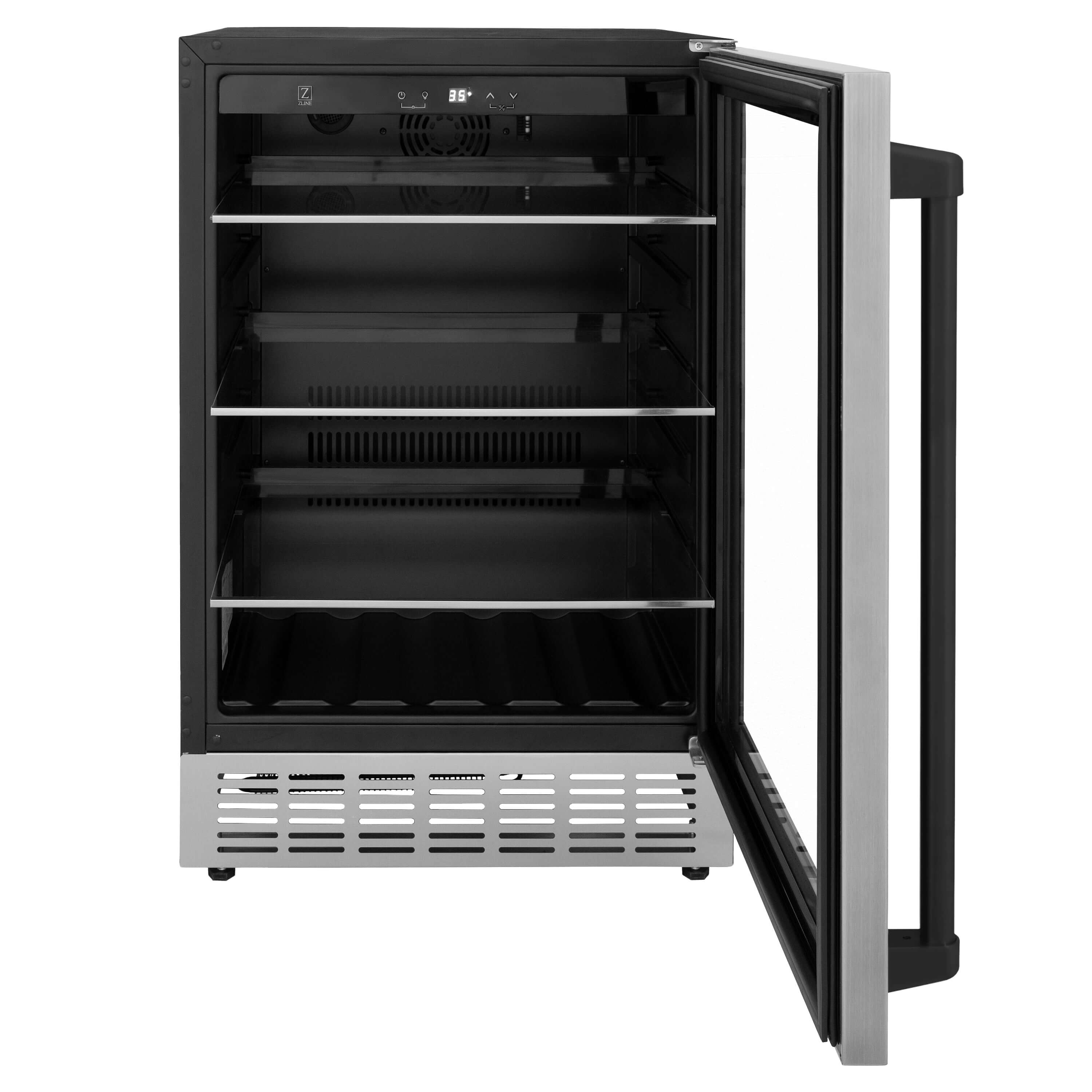 ZLINE Autograph Edition 24 in. Monument 154 Can Beverage Fridge in Stainless Steel with Matte Black Accents (RBVZ-US-24-MB) front, open.