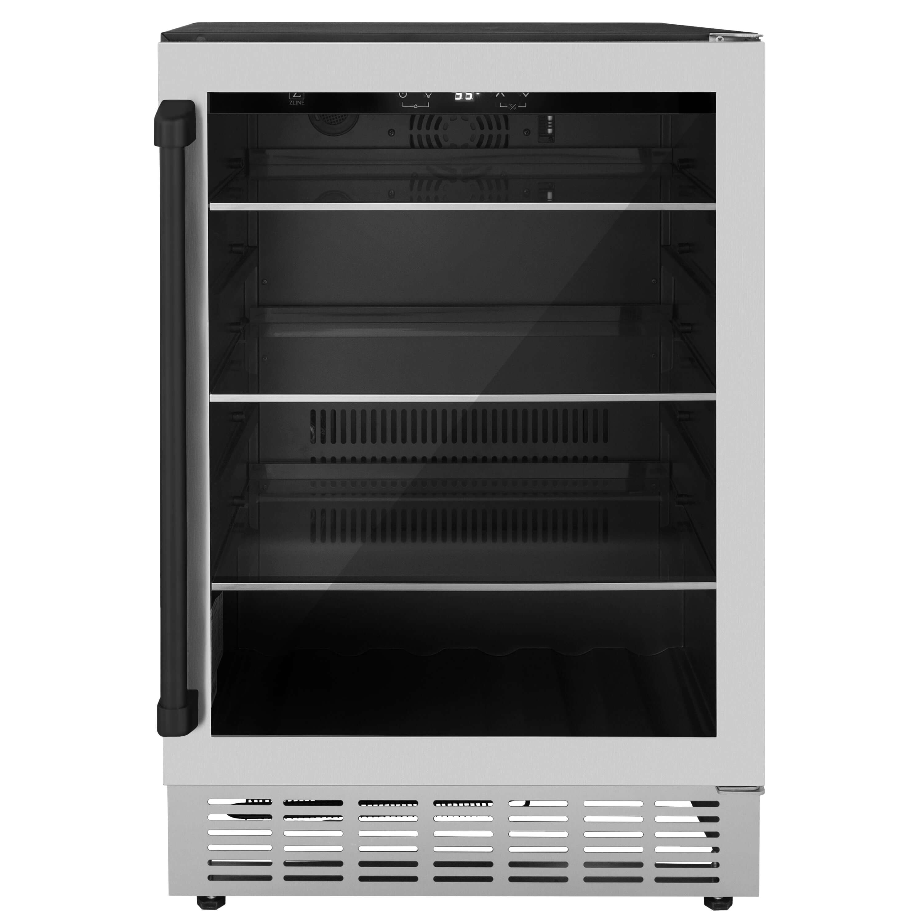 ZLINE Autograph Edition 24 in. Monument 154 Can Beverage Fridge in Stainless Steel with Matte Black Accents (RBVZ-US-24-MB) front, closed.