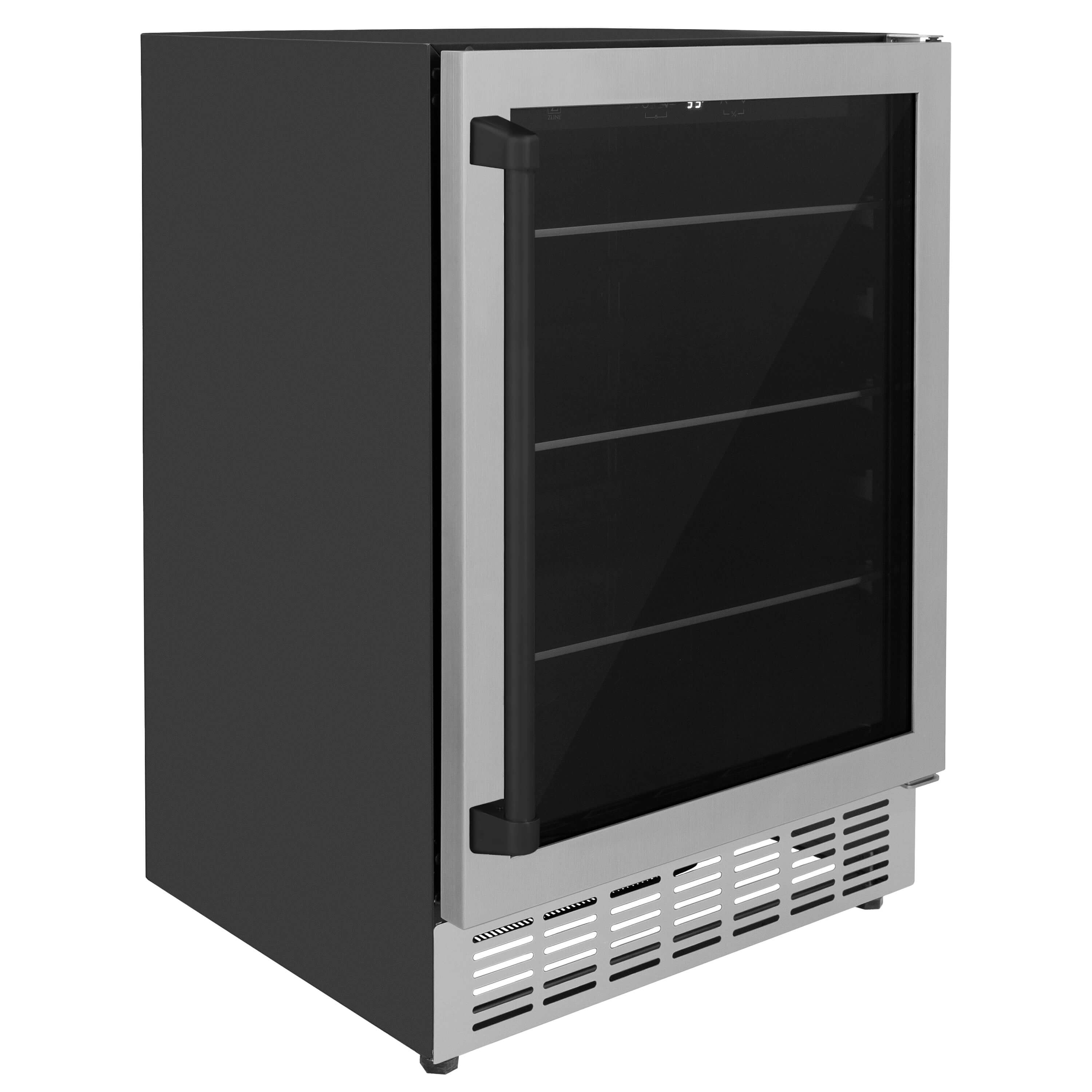 ZLINE Autograph Edition 24 in. Monument 154 Can Beverage Fridge in Stainless Steel with Matte Black Accents (RBVZ-US-24-MB) side, closed.