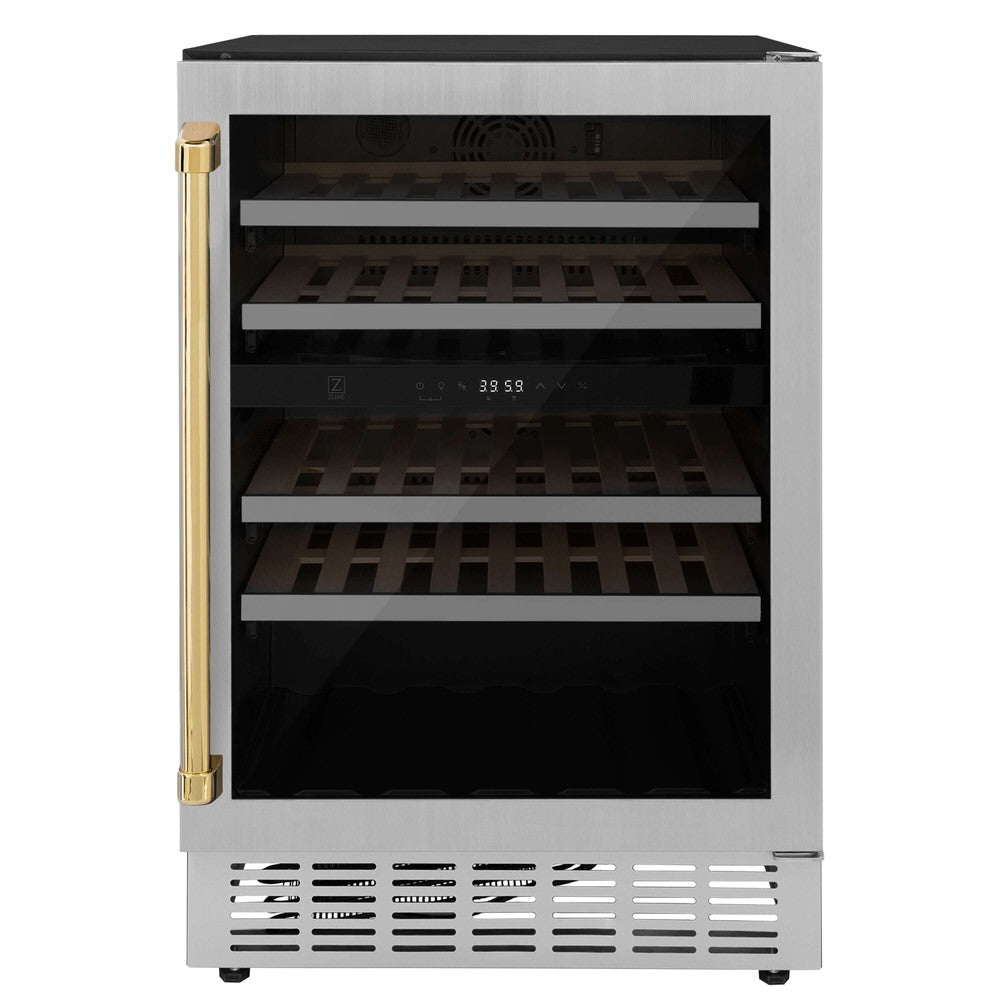 ZLINE Autograph Edition 24 in. Monument Dual Zone 44-Bottle Wine Cooler in Stainless Steel with Polished Gold Accents (RWVZ-UD-24-G) front, closed.
