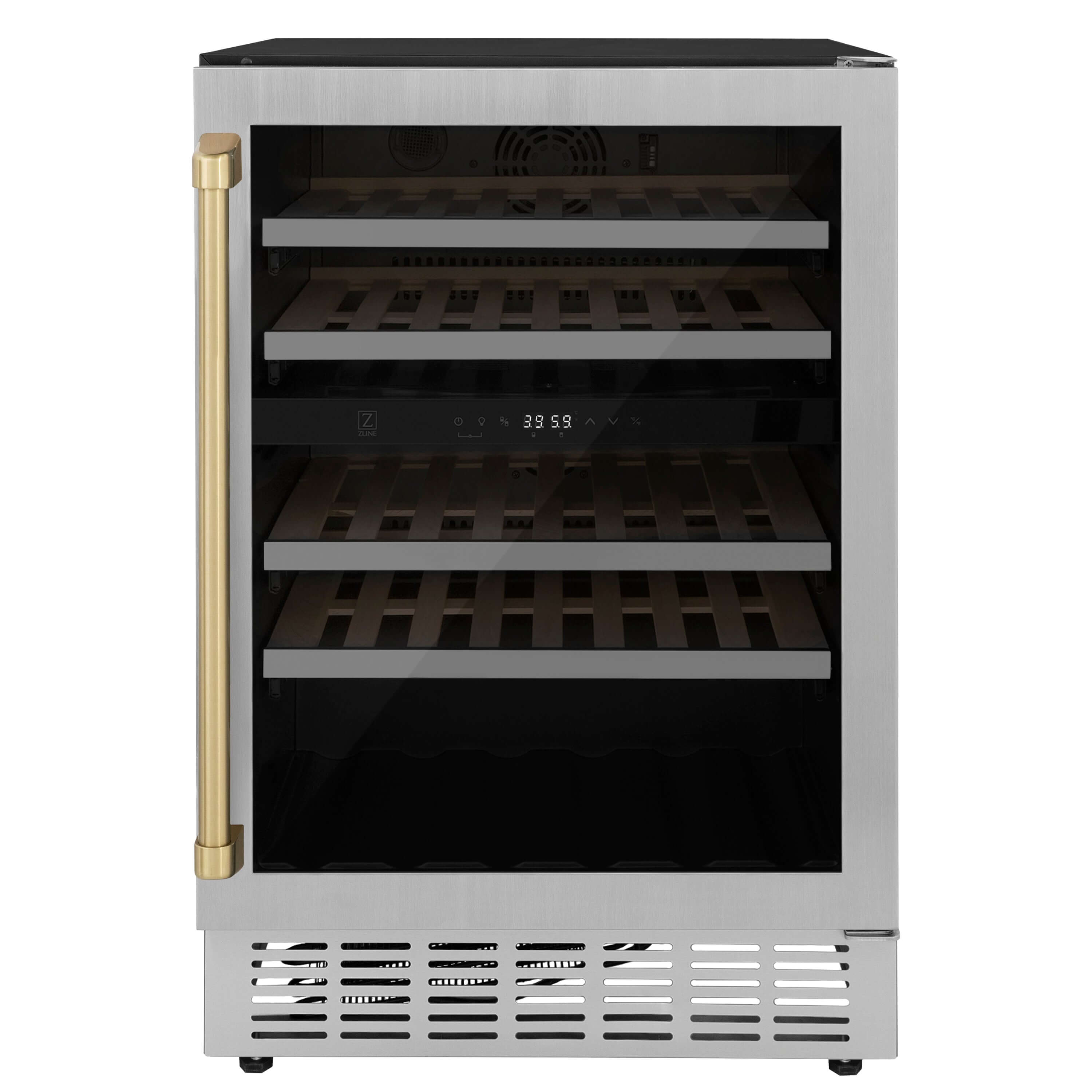 ZLINE Autograph Edition 24 in. Monument Dual Zone 44-Bottle Wine Cooler in Stainless Steel with Champagne Bronze Accents (RWVZ-UD-24-CB) front, closed.