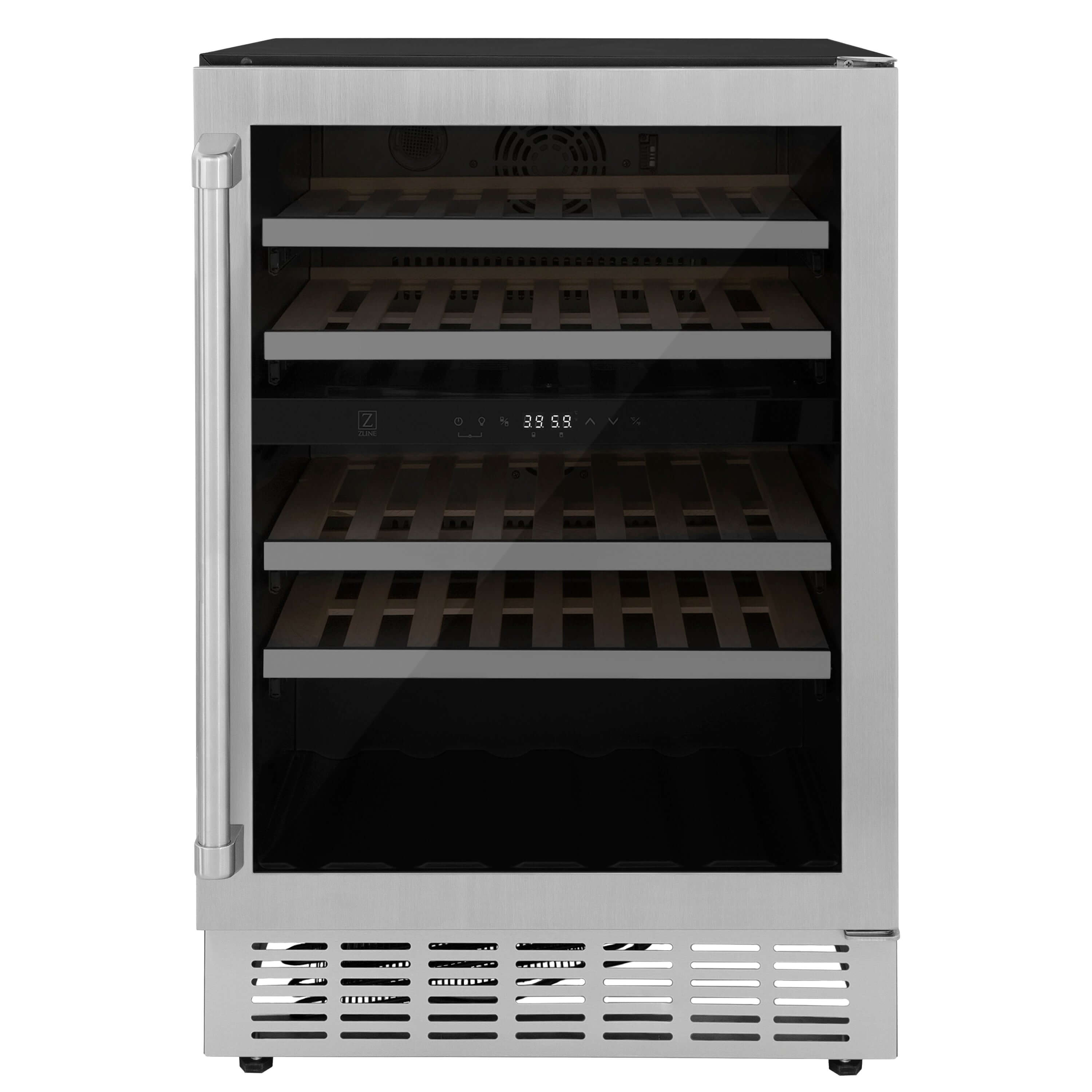 ZLINE 24 In. Monument Dual Zone 44-Bottle Wine Cooler in Stainless Steel with Wood Shelf (RWV-UD-24) front, closed.