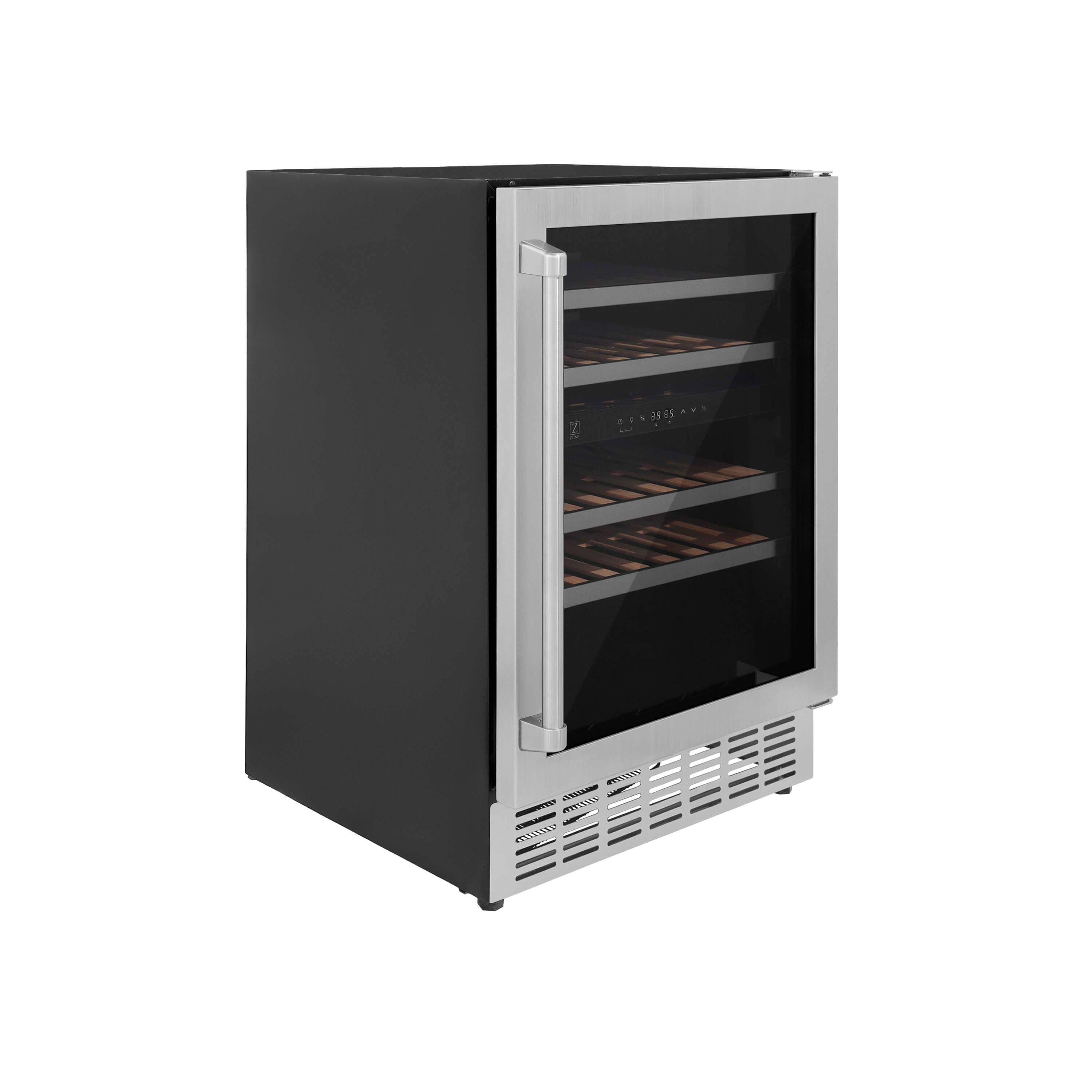 ZLINE 24 In. Monument Dual Zone 44-Bottle Wine Cooler in Stainless Steel with Wood Shelf (RWV-UD-24) side, closed.