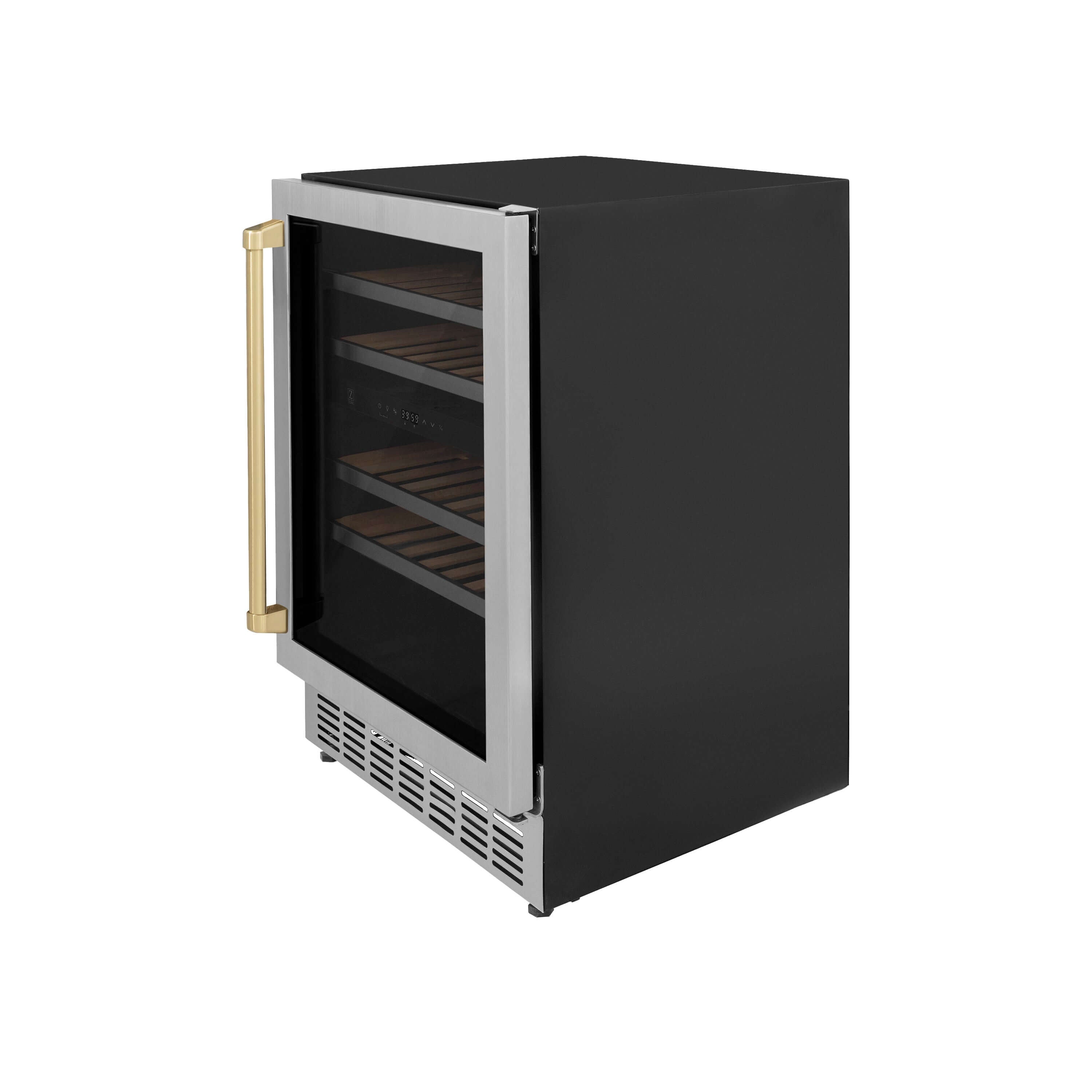 ZLINE Autograph Edition 24 in. Monument Dual Zone 44-Bottle Wine Cooler in Stainless Steel with Champagne Bronze Accents (RWVZ-UD-24-CB) side, closed.