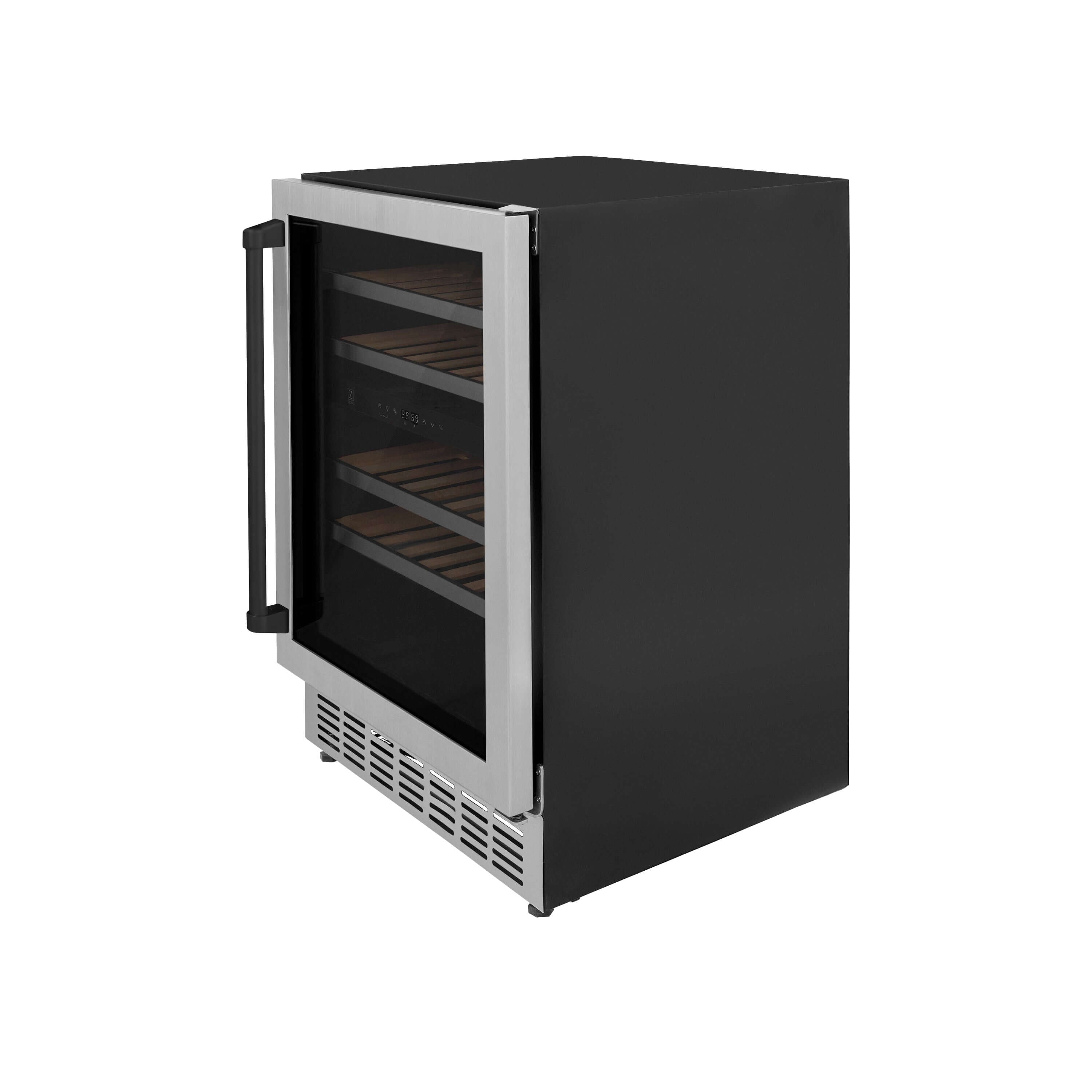 ZLINE Autograph Edition 24 in. Monument Dual Zone 44-Bottle Wine Cooler in Stainless Steel with Matte Black Accents (RWVZ-UD-24-MB) side, closed.