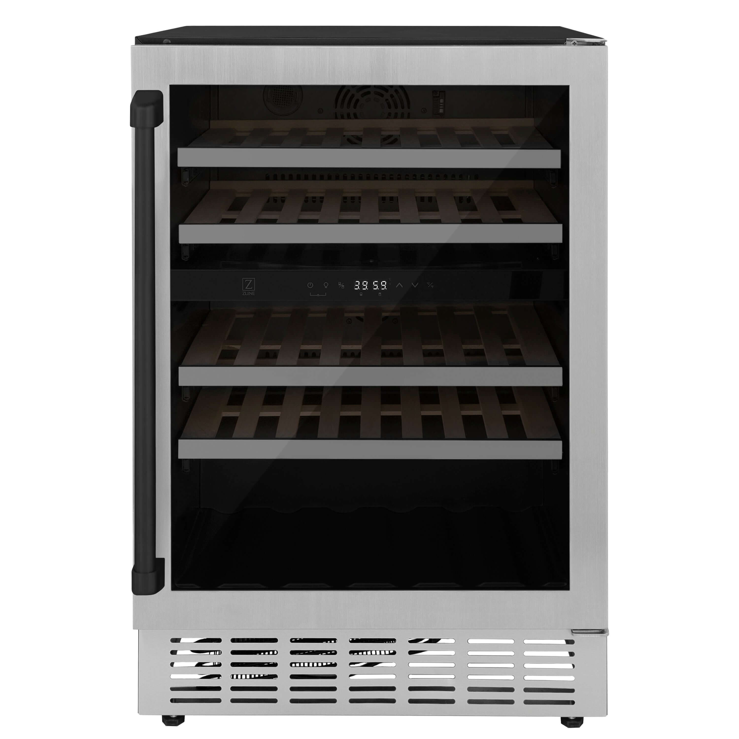 ZLINE Autograph Edition 24 in. Monument Dual Zone 44-Bottle Wine Cooler in Stainless Steel with Matte Black Accents (RWVZ-UD-24-MB) front, closed.