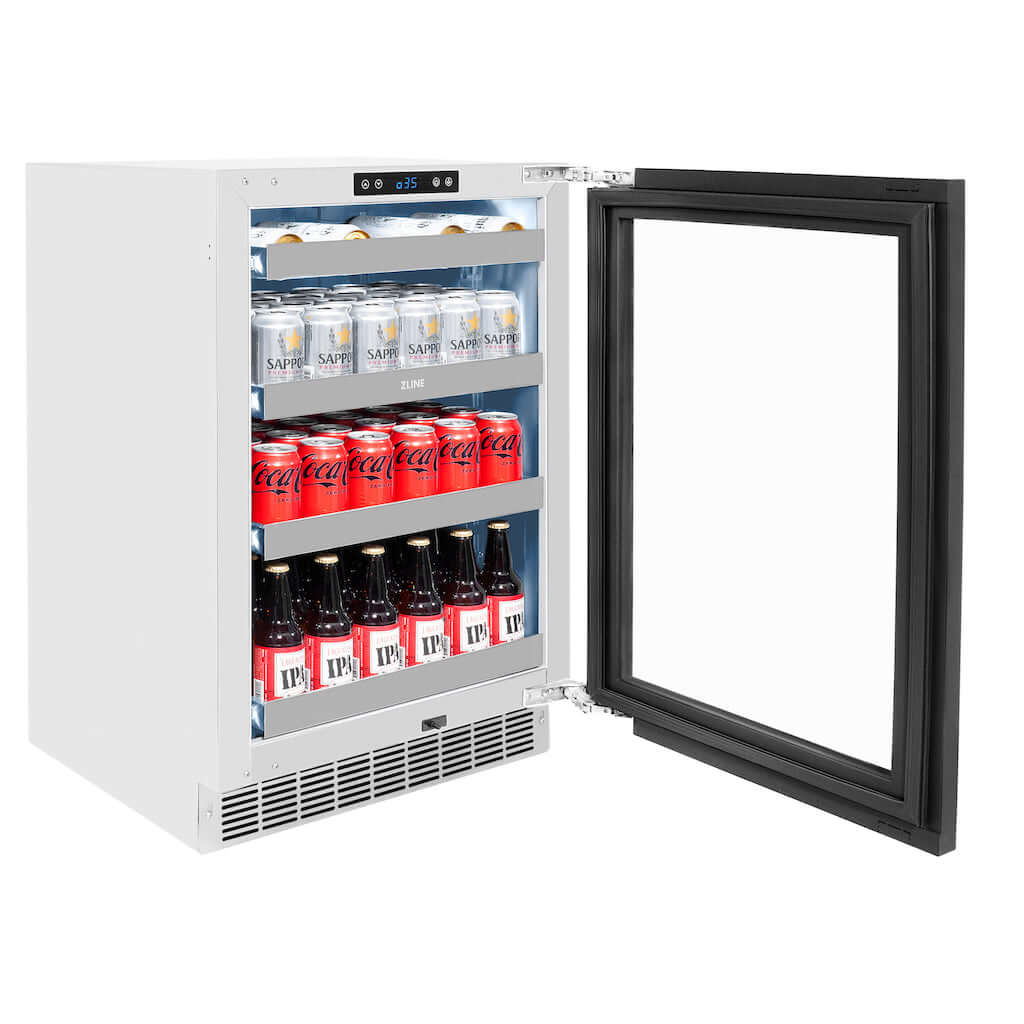 ZLINE Touchstone Under Counter Panel Ready Beverage Fridge side with door open and beverages inside.
