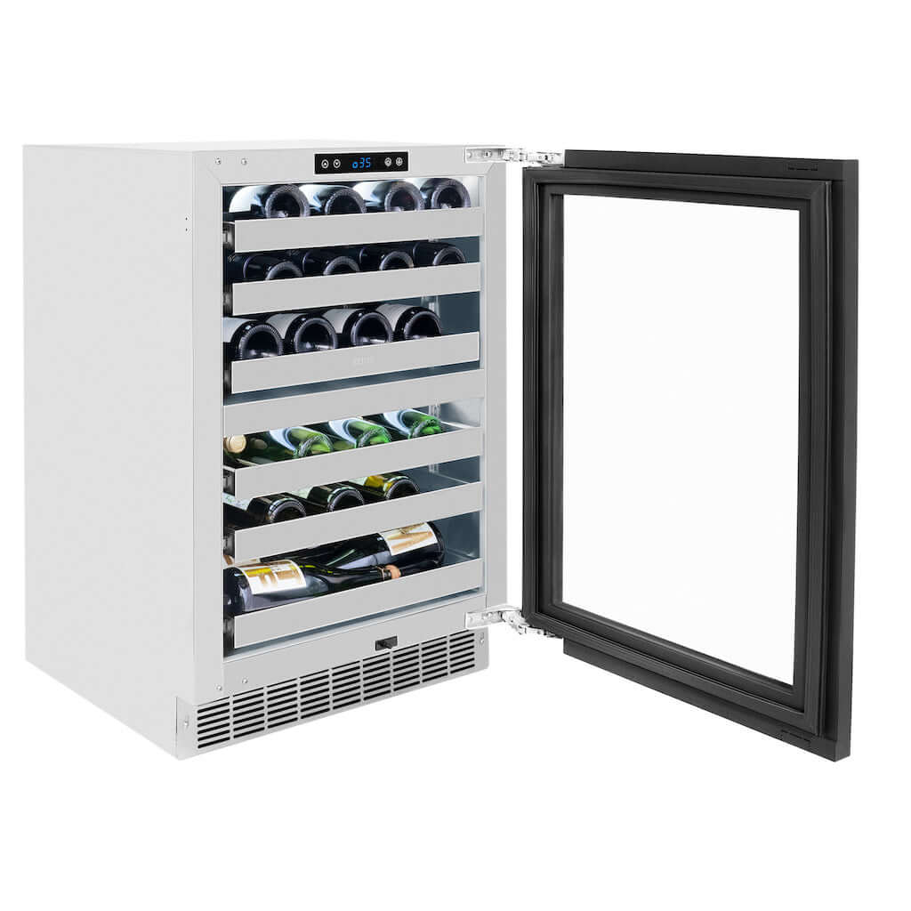 ZLINE Touchstone Under Counter Panel Ready Dual Zone Wine Cooler side with glass door open and bottles inside.