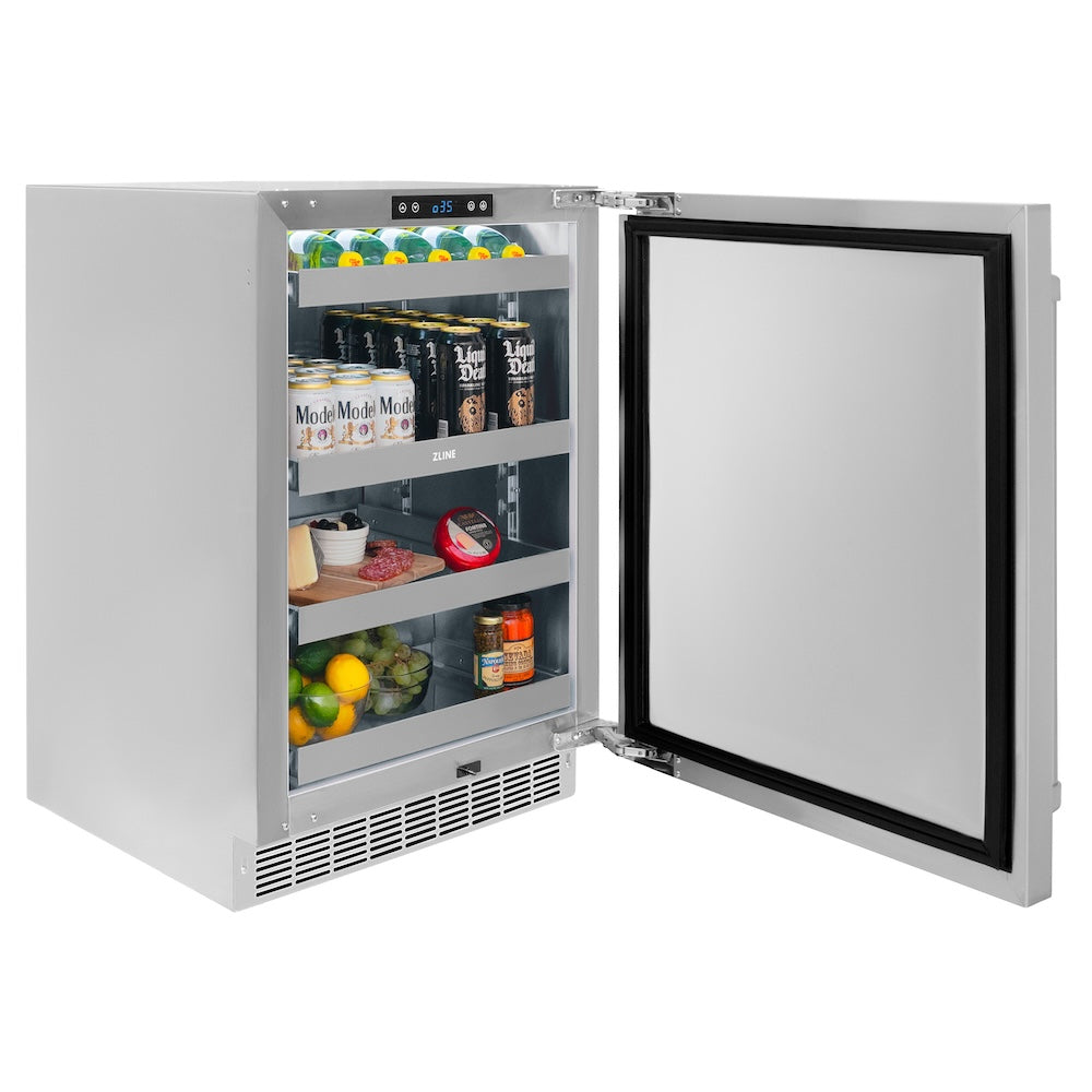 ZLINE 24 in. Touchstone 151 Can Beverage Fridge With Solid Stainless Steel Door (RBSO-ST-24) side open with food and drinks inside