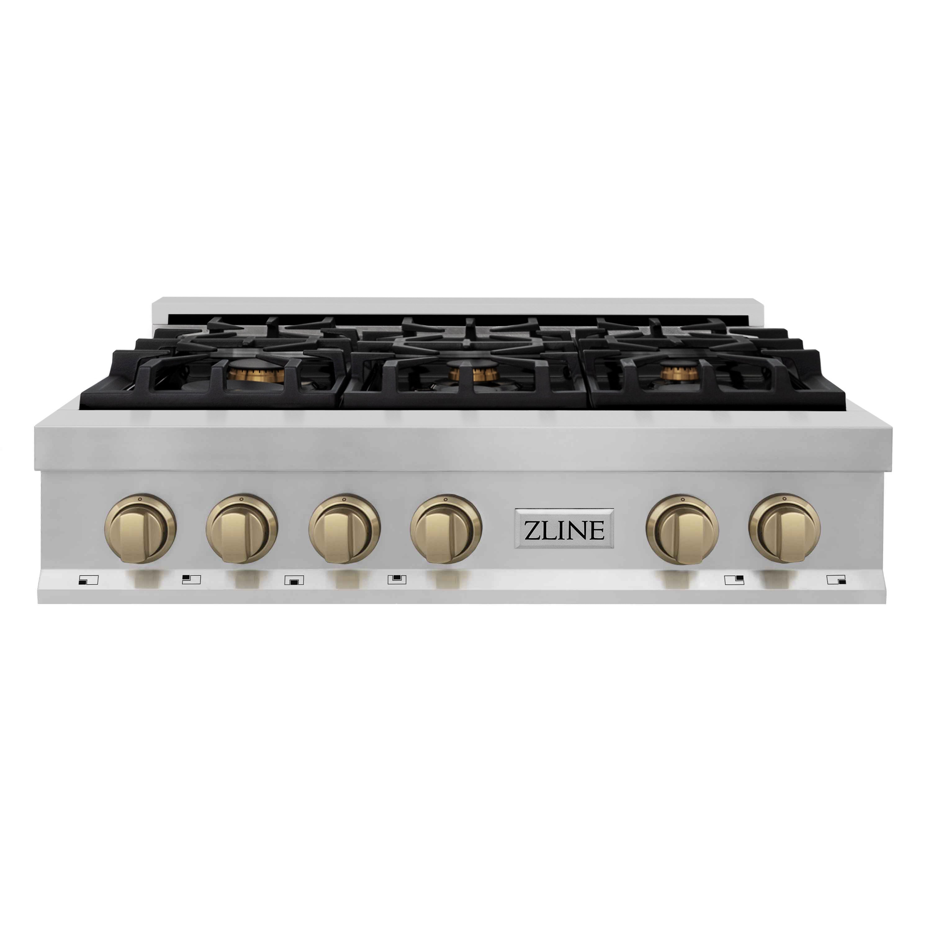 ZLINE Autograph Edition 36 in. 6-Burner Gas Rangetop in Stainless Steel with Champagne Bronze Accents and Black Porcelain Cooktop front.