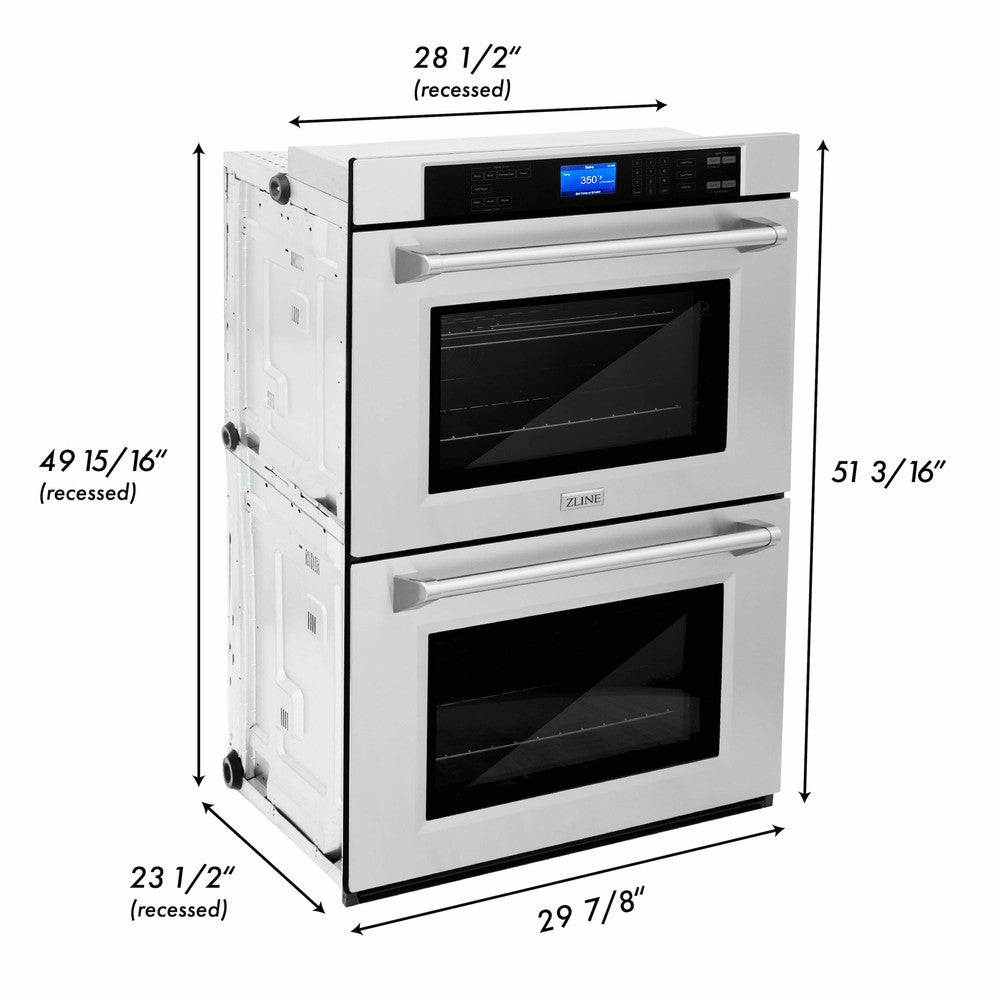 ZLINE Kitchen Package with 48 in. Stainless Steel Rangetop and 30 in. Double Wall Oven (2KP-RTAWD48) dimensional diagram with measurements.