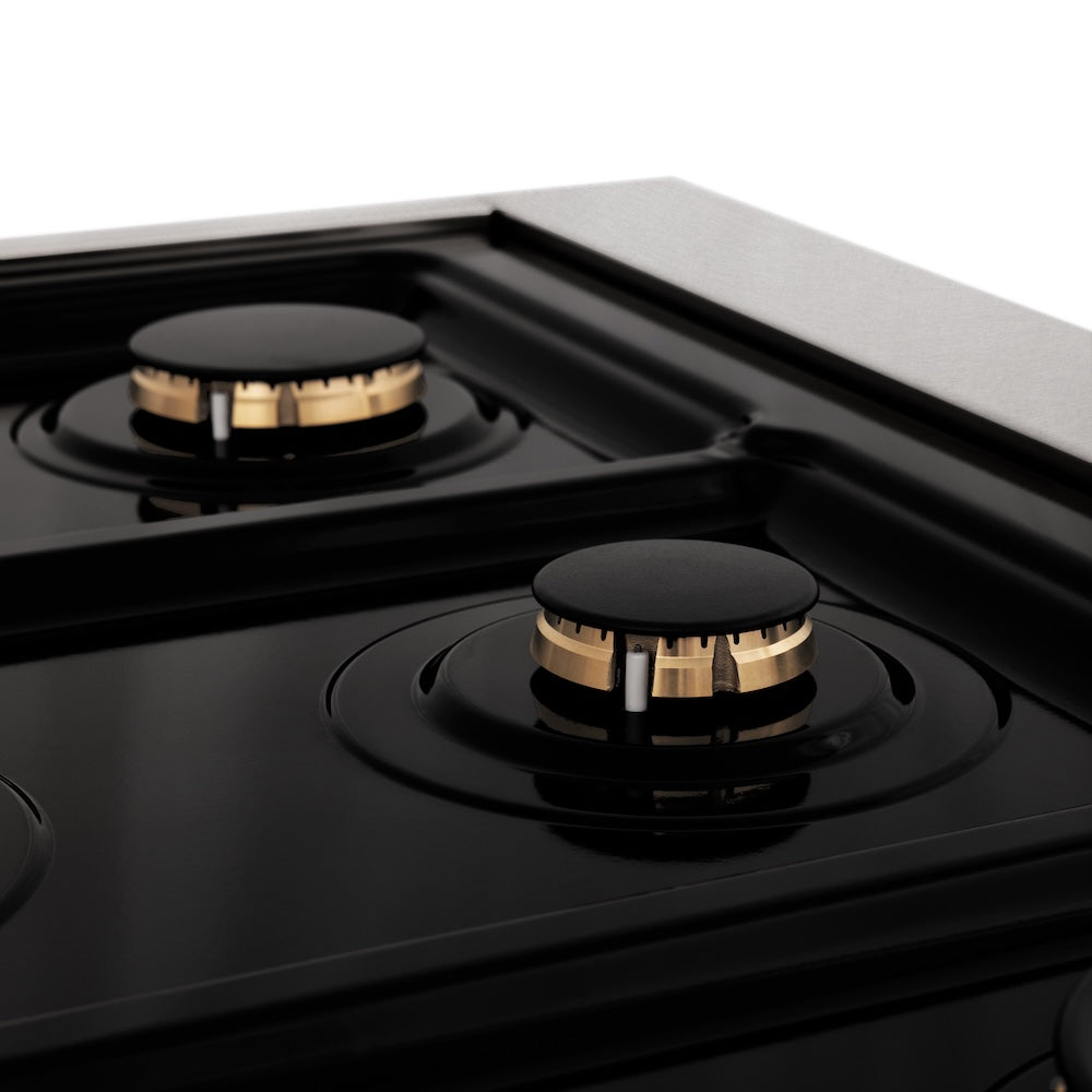 ZLINE Autograph Edition 30 in. Porcelain Rangetop with 4 Gas Burners in DuraSnow® Stainless Steel with Polished Gold Accents (RTSZ-30-G) close-up burners and cooktop without grates.
