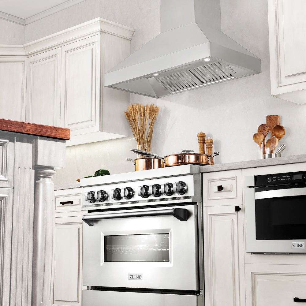ZLINE Professional Convertible Vent Wall Mount Range Hood in Stainless Steel (597) in a cottage-style kitchen