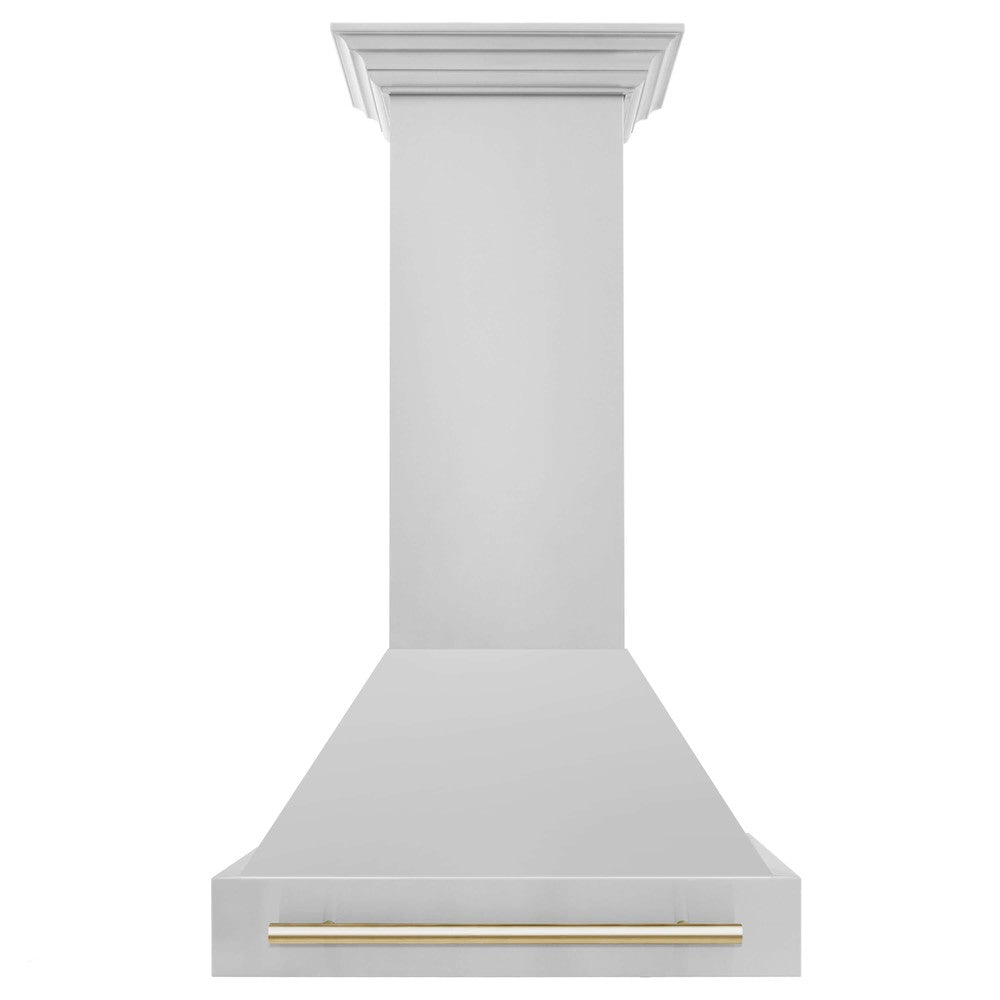 ZLINE Autograph Edition 30 in. Stainless Steel Range Hood with Stainless Steel Shell and Handle (8654STZ-30) Polished Gold front.