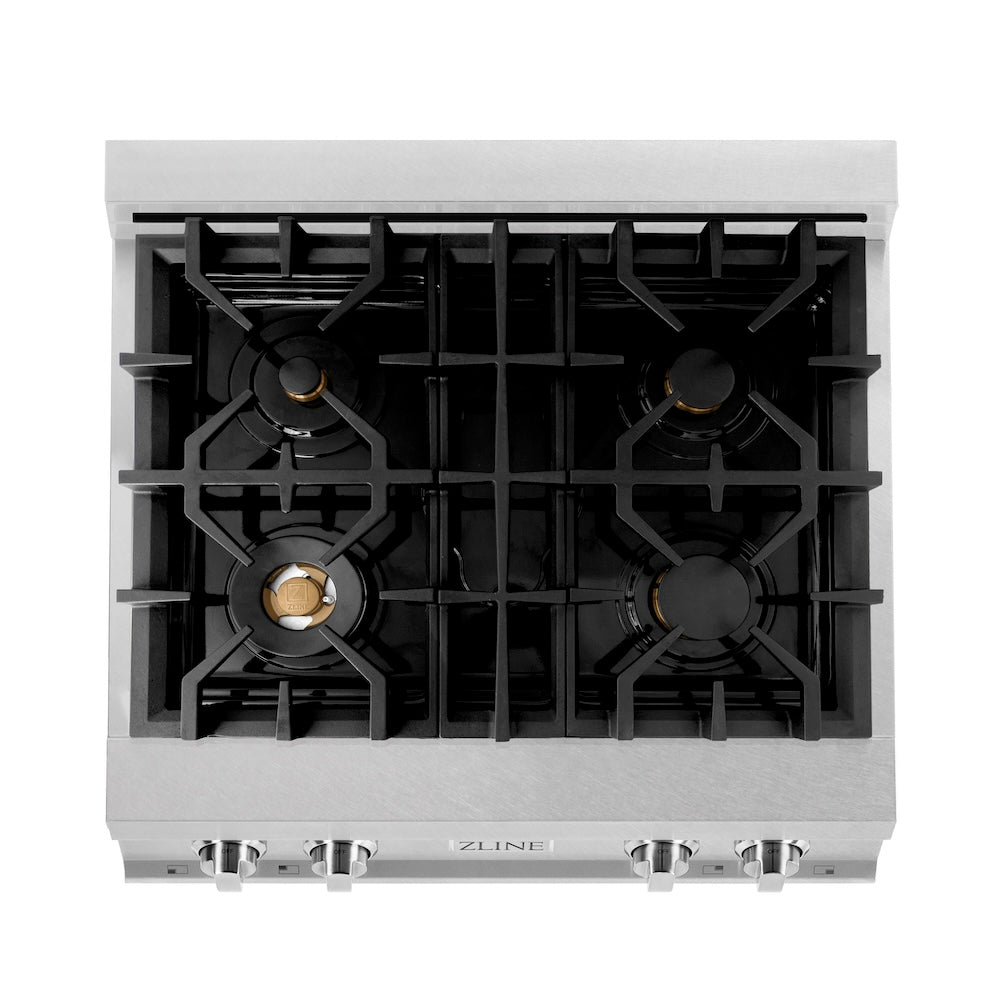 ZLINE 30 in. Porcelain Gas Stovetop in Fingerprint Resistant Stainless Steel with 4 Gas Brass Burners (RTS-BR-30) from above, showing cooking surface.