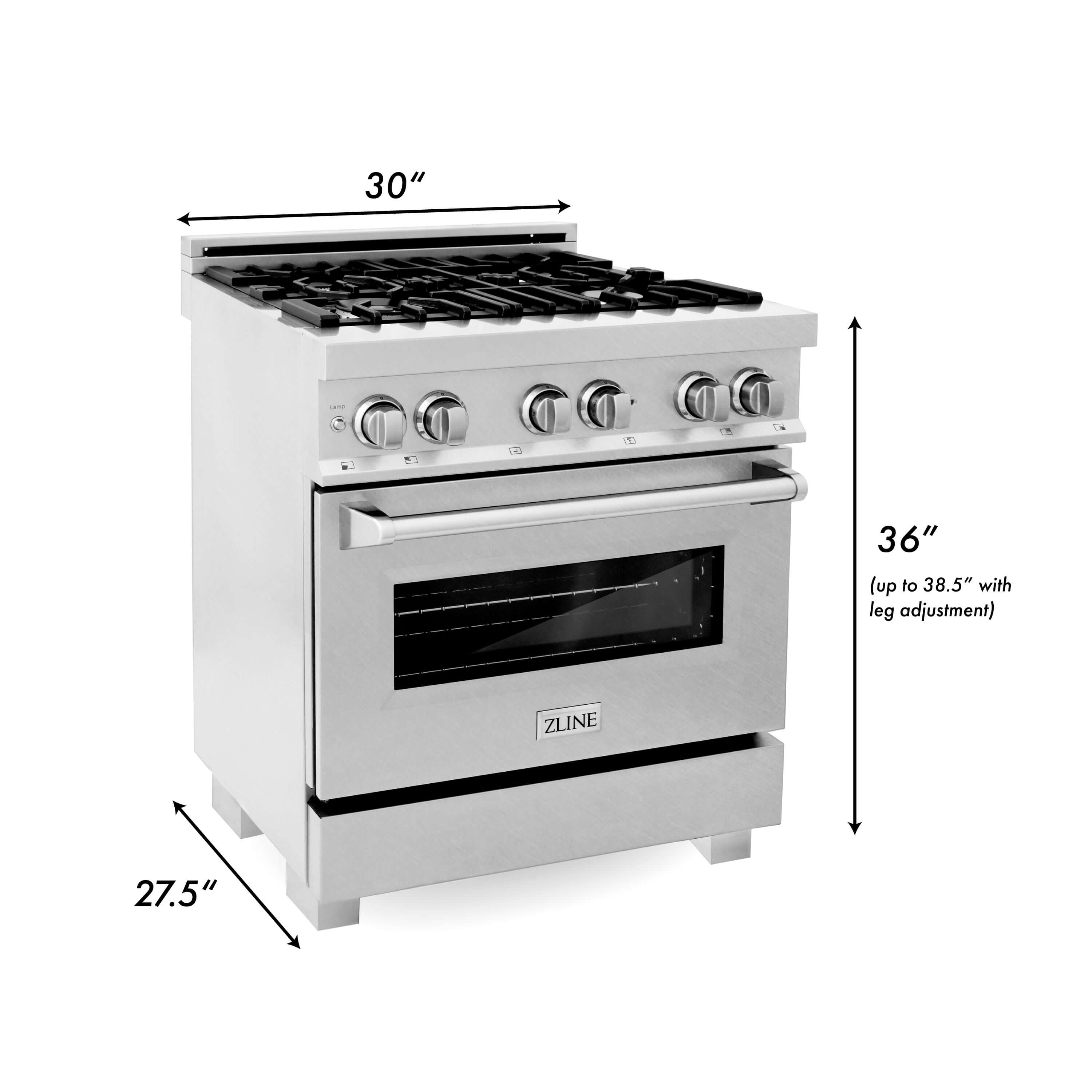 ZLINE 30 in. Kitchen Package with DuraSnow® Stainless Steel Dual Fuel Range and Convertible Vent Range Hood (2KP-RASSNRH30) dimensional diagram with measurements.