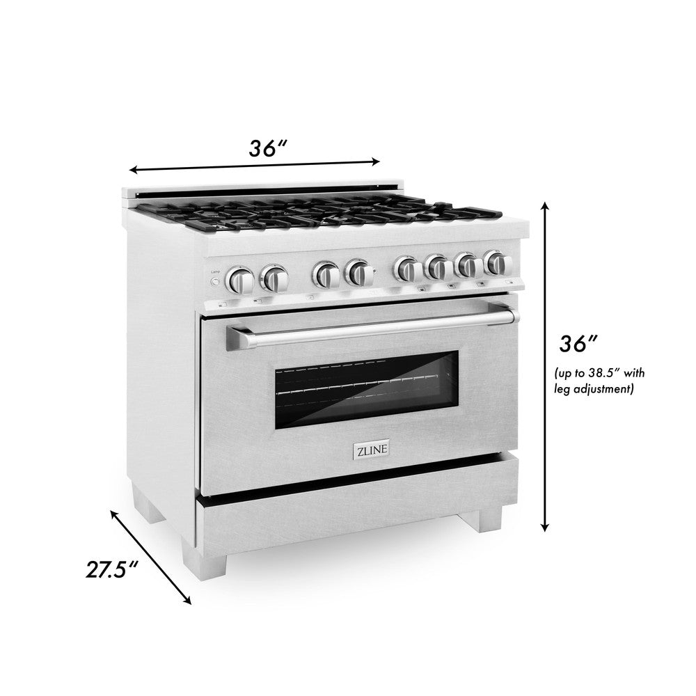 ZLINE 36 in. Kitchen Package with DuraSnow® Stainless Steel Dual Fuel Range and Convertible Vent Range Hood (2KP-RASSNRH36) dimensional diagram with measurements.