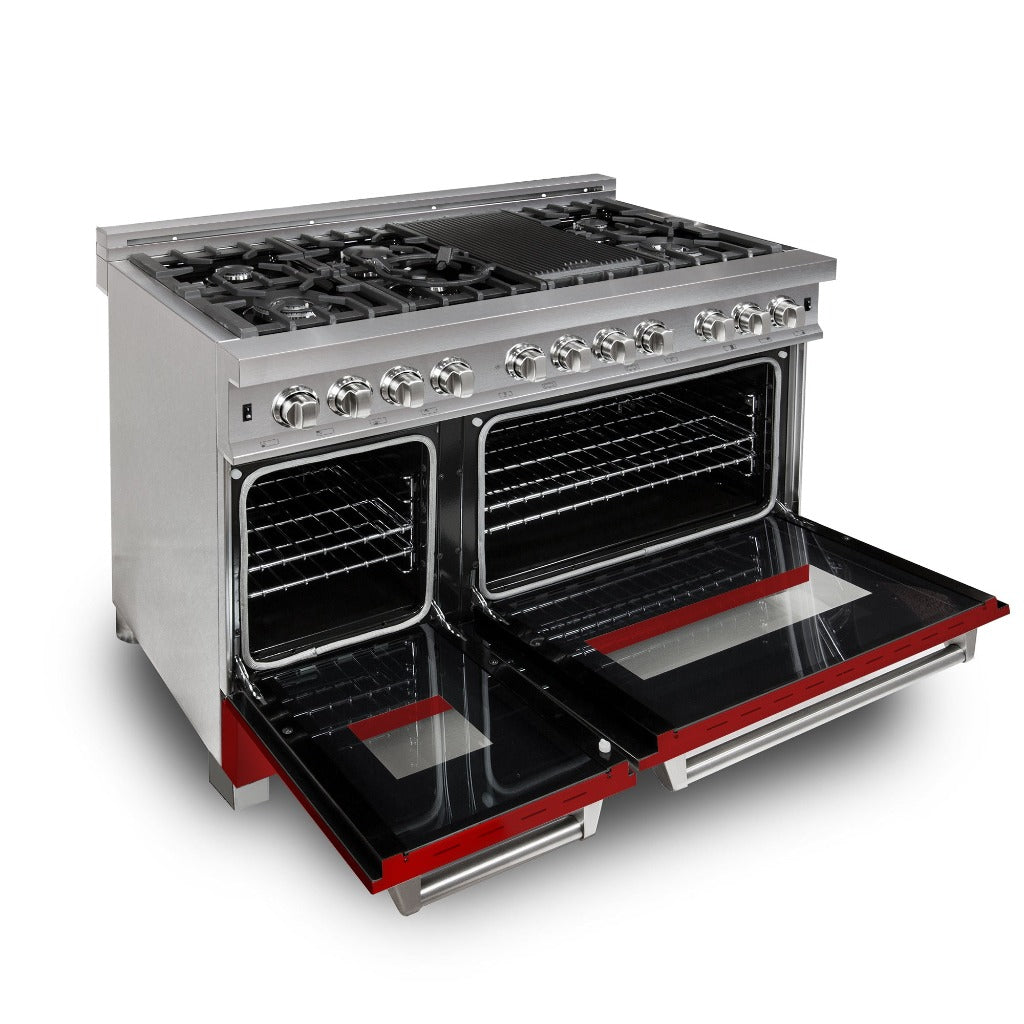 ZLINE 48 in. Kitchen Package with DuraSnow® Stainless Steel Dual Fuel Range with Red Matte Door and Convertible Vent Range Hood (2KP-RASRMRH48)
