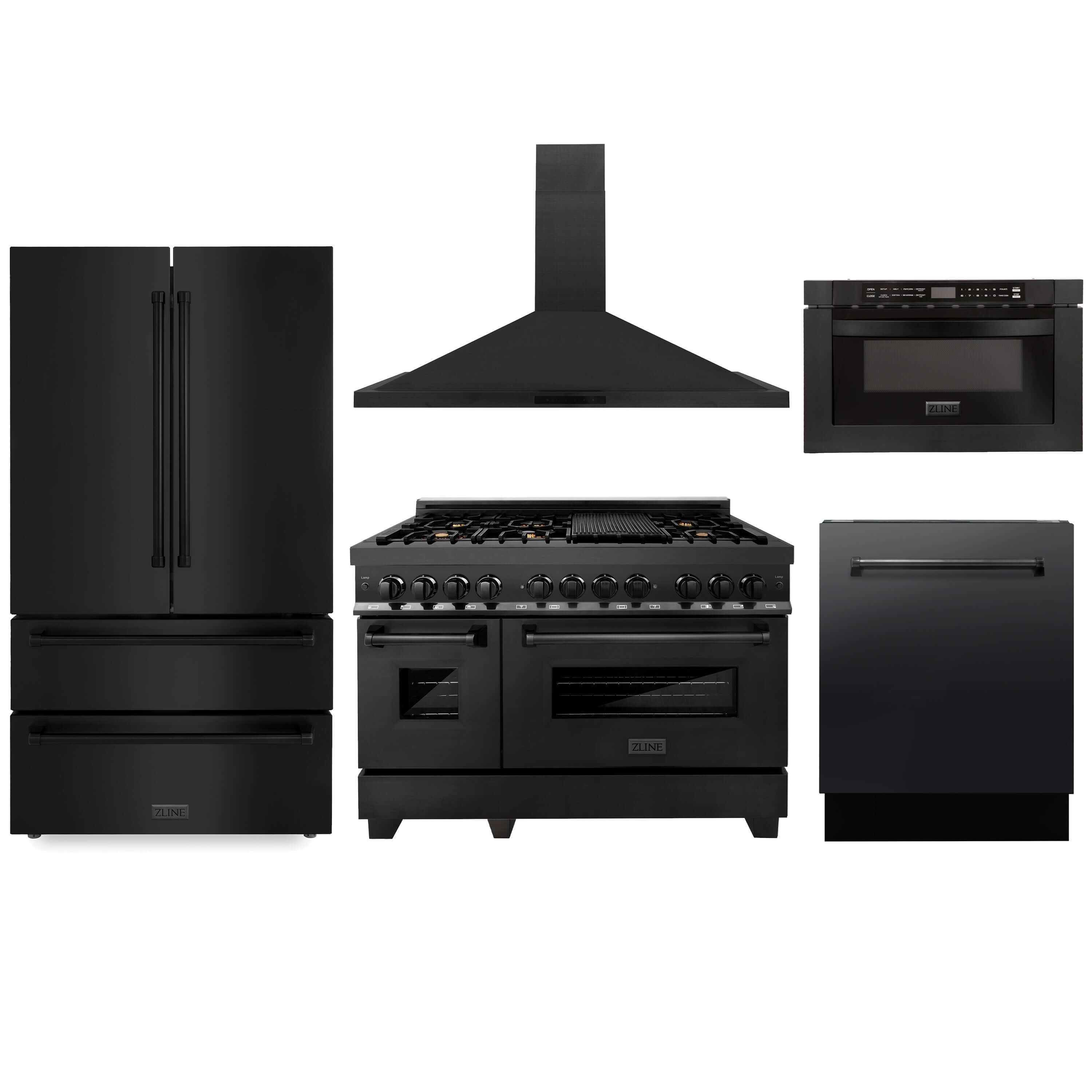 ZLINE Kitchen Package with Black Stainless Steel Refrigeration, 48 in. Dual Fuel Range in Black Stainless Steel with Brass Burners, 48 in. Black Stainless Steel Range Hood, Microwave Drawer in Black Stainless Steel, and 24 in. Tall Tub Dishwasher with Black Stainless Steel Panel(5KPR-RABRH48-MWDWV)