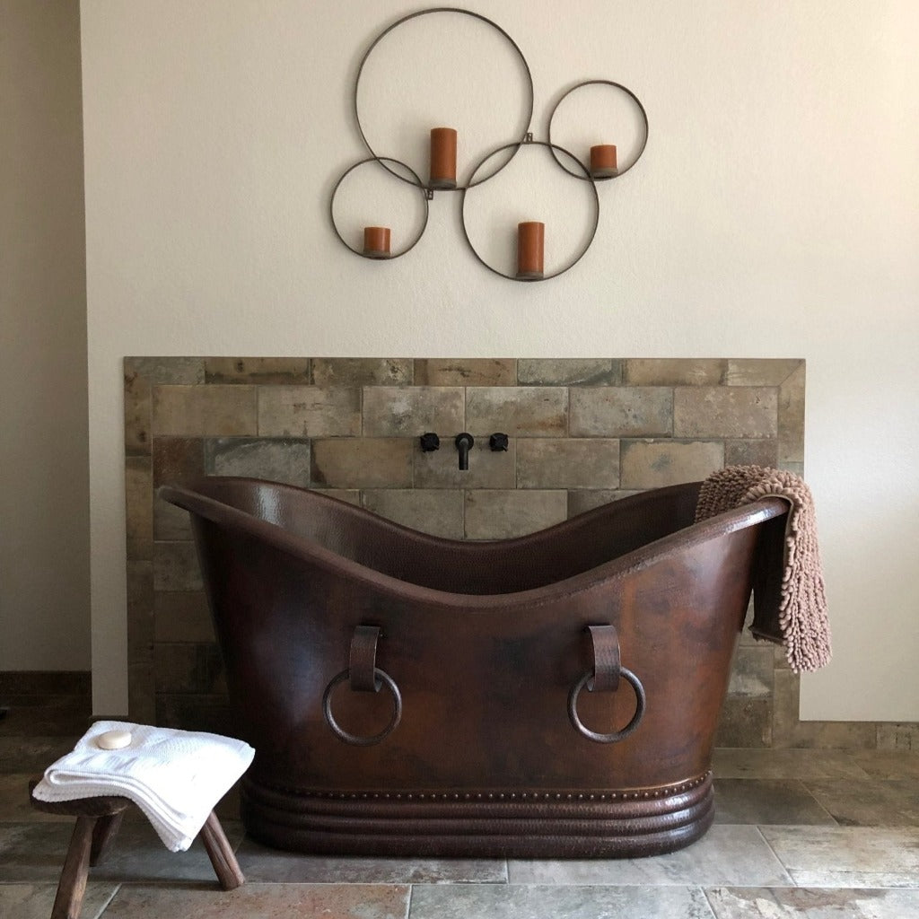Premier Copper 60 in. Hammered Copper Double Slipper Bathtub With Rings (BTDR60DB)