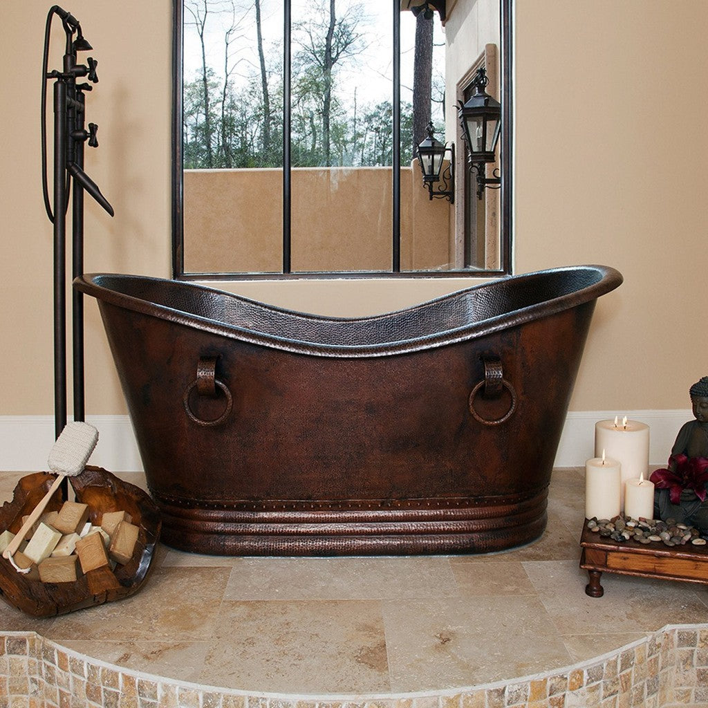 Premier Copper 67 in. Hammered Copper Double Slipper Bathtub With Rings (BTDR67DB)