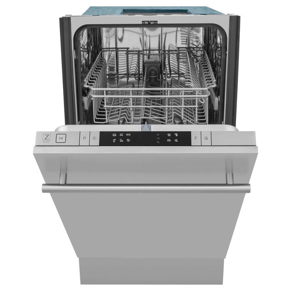 ZLINE 18 in. Compact Stainless Steel Top Control Built-In Dishwasher with Stainless Steel Tub and Modern Style Handle, 52dBa (DW-304-18) front, half open.