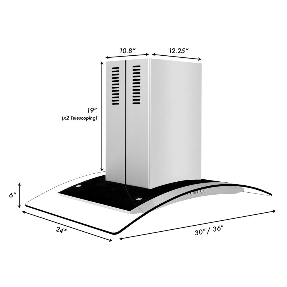 ZLINE Convertible Vent Island Mount Range Hood in Stainless Steel and Glass (GL14i) dimensional diagram and measurements.