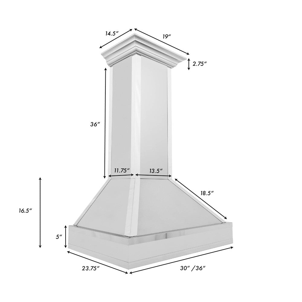 ZLINE Designer Series Wall Mount Range Hood in Fingerprint Resistant Stainless Steel with Mirror Accents (655MR) dimensional diagram and measurements.