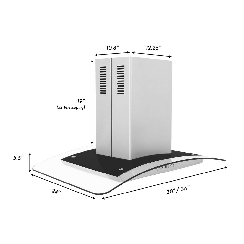 ZLINE Island Mount Range Hood in Stainless Steel and Glass (GL5i) dimensional diagram and measurements.