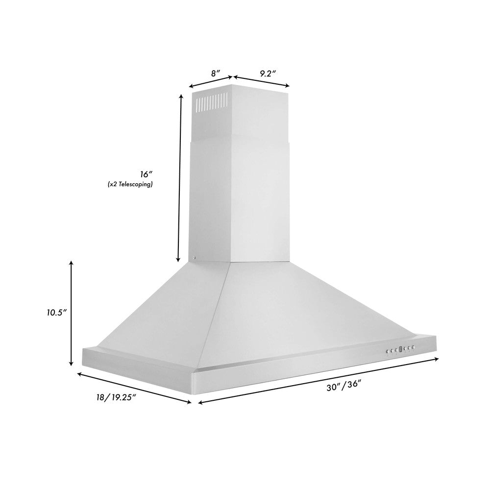 ZLINE Convertible Vent Wall Mount Range Hood in Stainless Steel (KB) dimensional diagram and measurements.