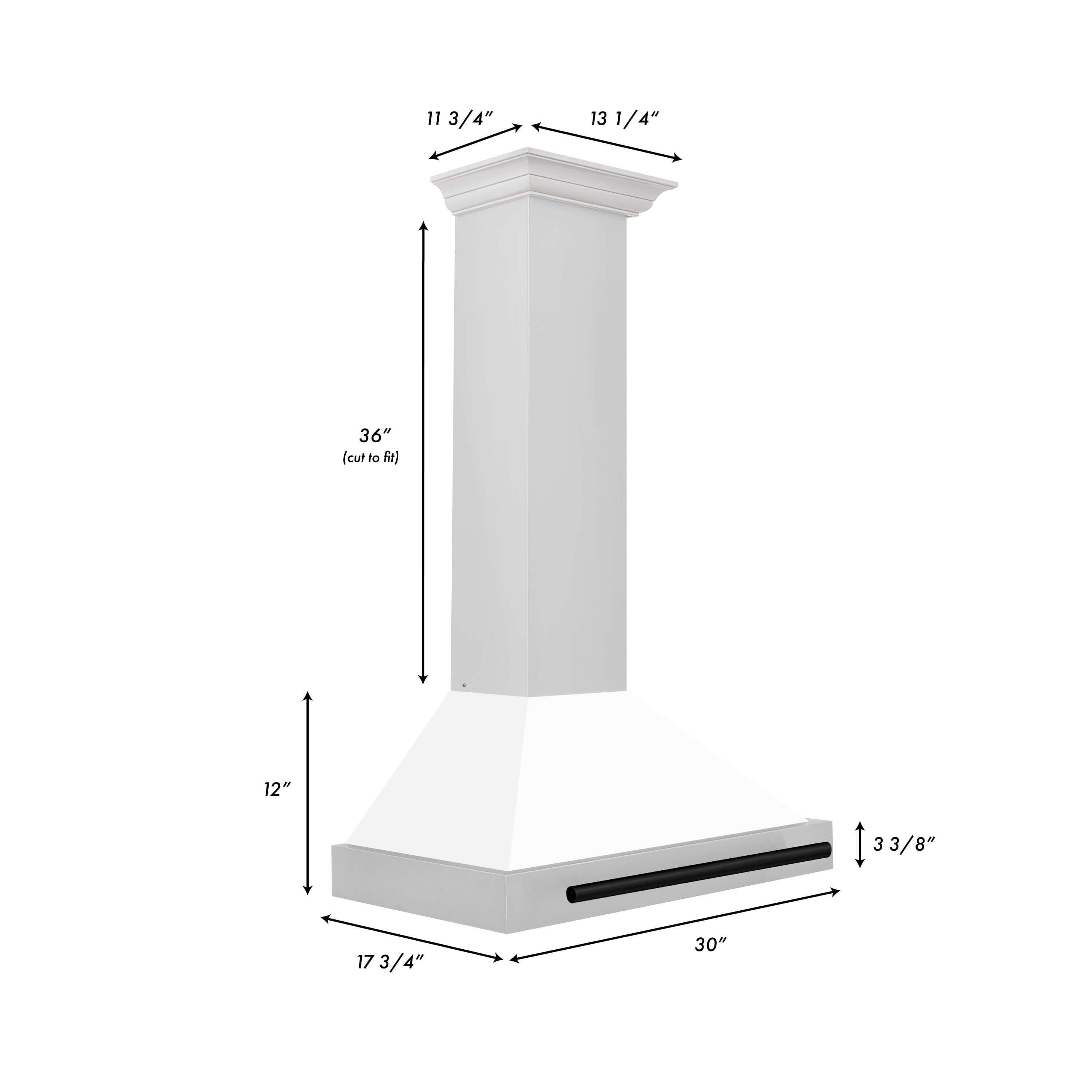 ZLINE Autograph Edition 30 in. Stainless Steel Range Hood with White Matte Shell and Accents (KB4STZ-WM30) dimensional diagram and measurements.