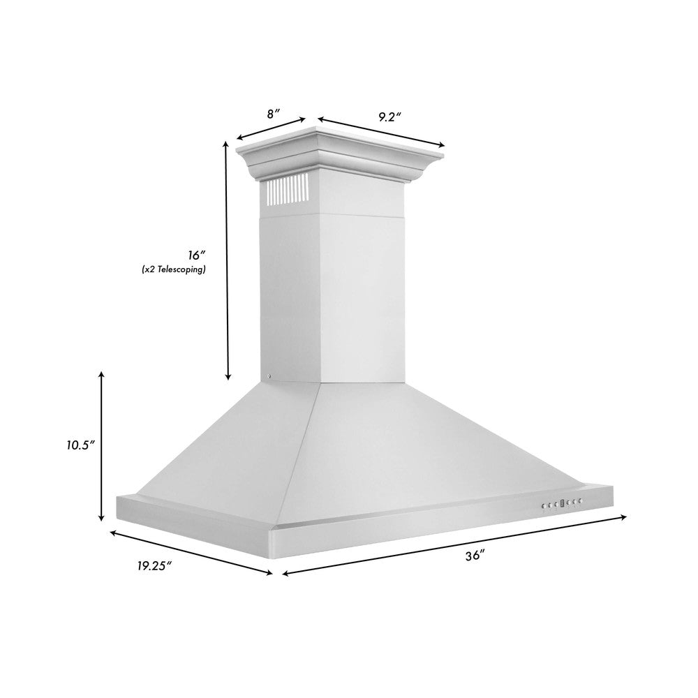 ZLINE Convertible Vent Wall Mount Range Hood in Stainless Steel with Crown Molding (KBCRN) dimensional diagram and measurements.