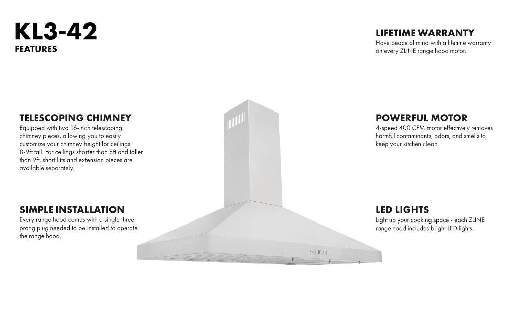 KL3-42 features lifetime warranty, LED lights, telescoping chimney, simple installation, and powerful motor.