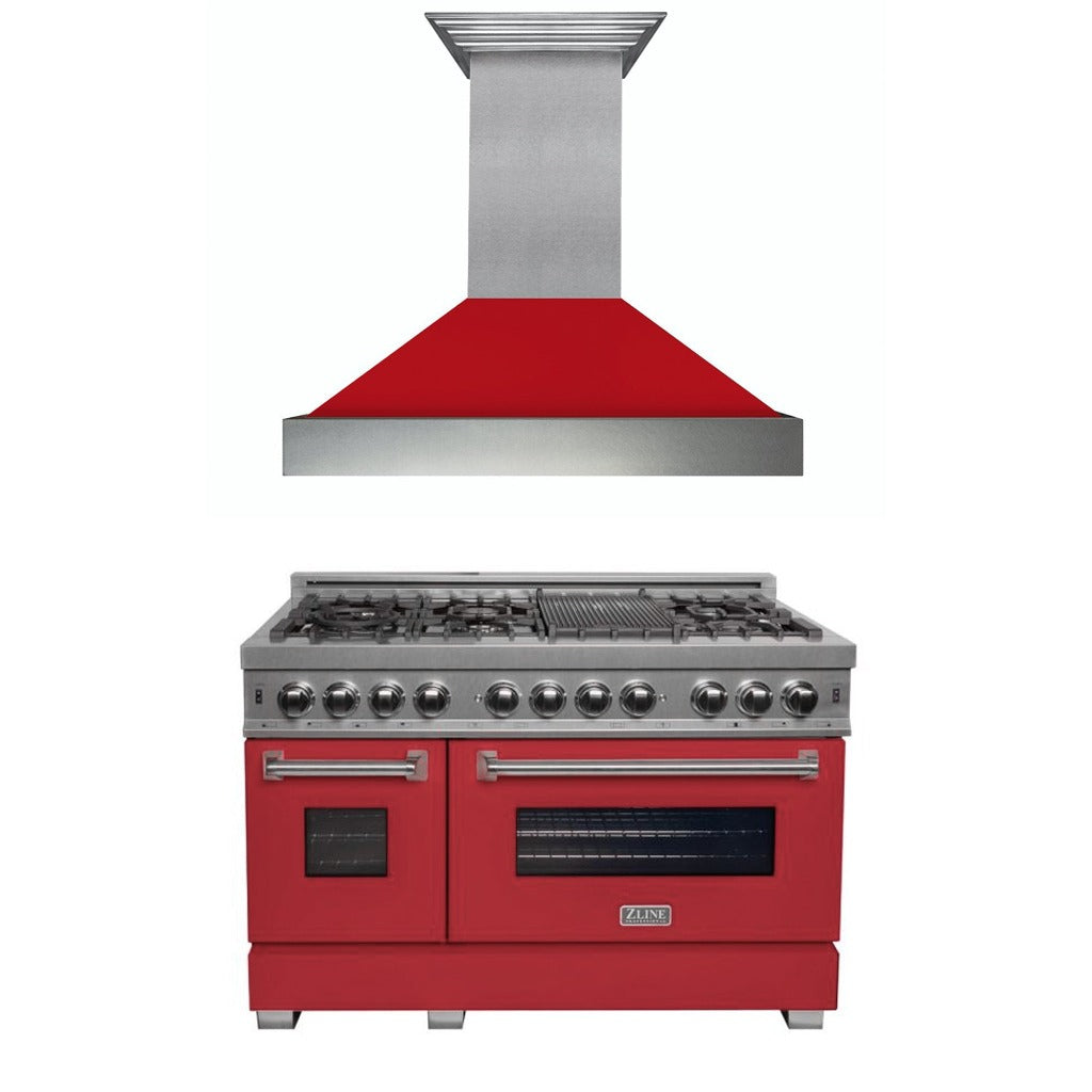 ZLINE 48 in. Kitchen Package with DuraSnow® Stainless Steel Dual Fuel Range with Red Matte Door and Convertible Vent Range Hood (2KP-RASRMRH48)