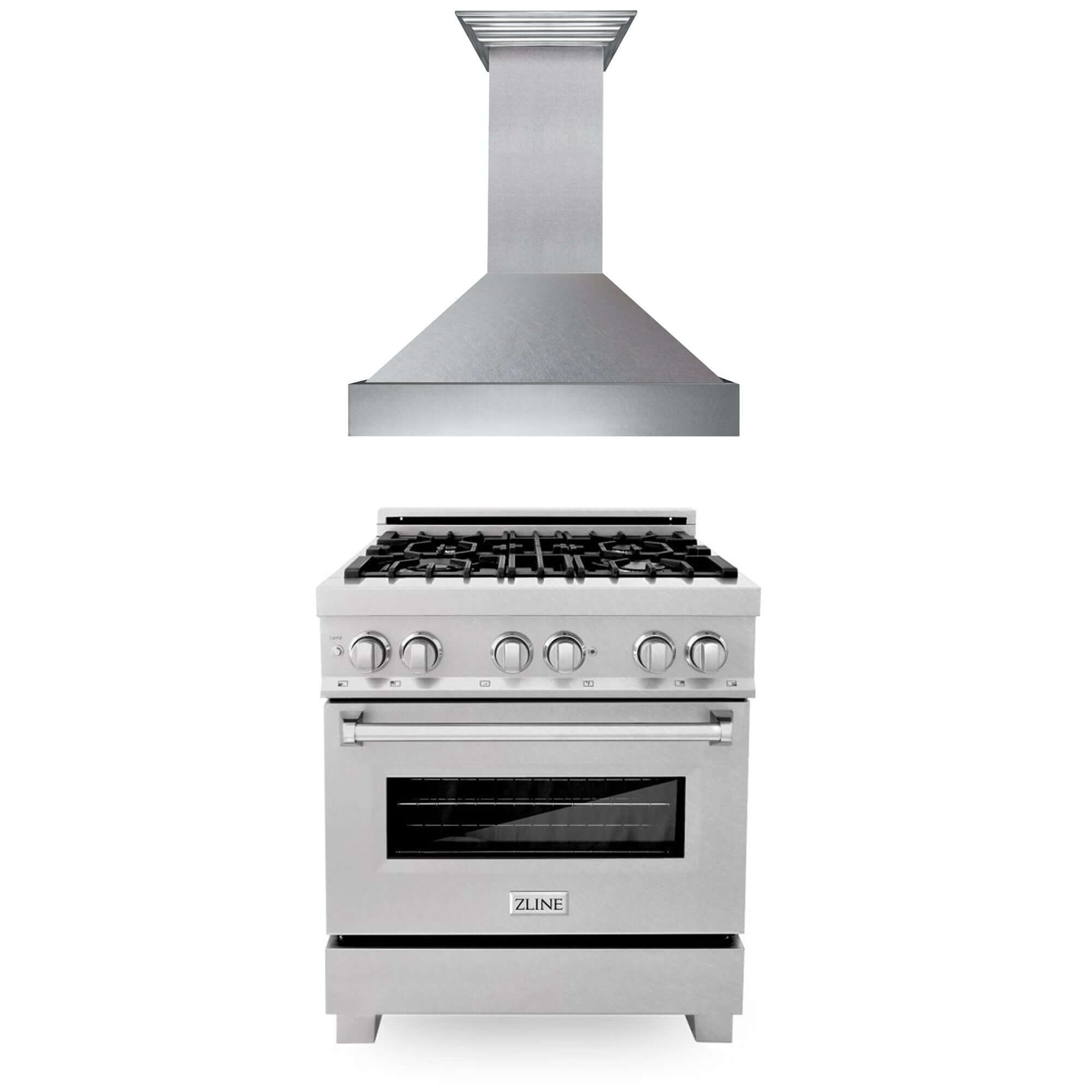 ZLINE 30 in. Kitchen Package with DuraSnow® Stainless Steel Dual Fuel Range and Convertible Vent Range Hood (2KP-RASSNRH30)