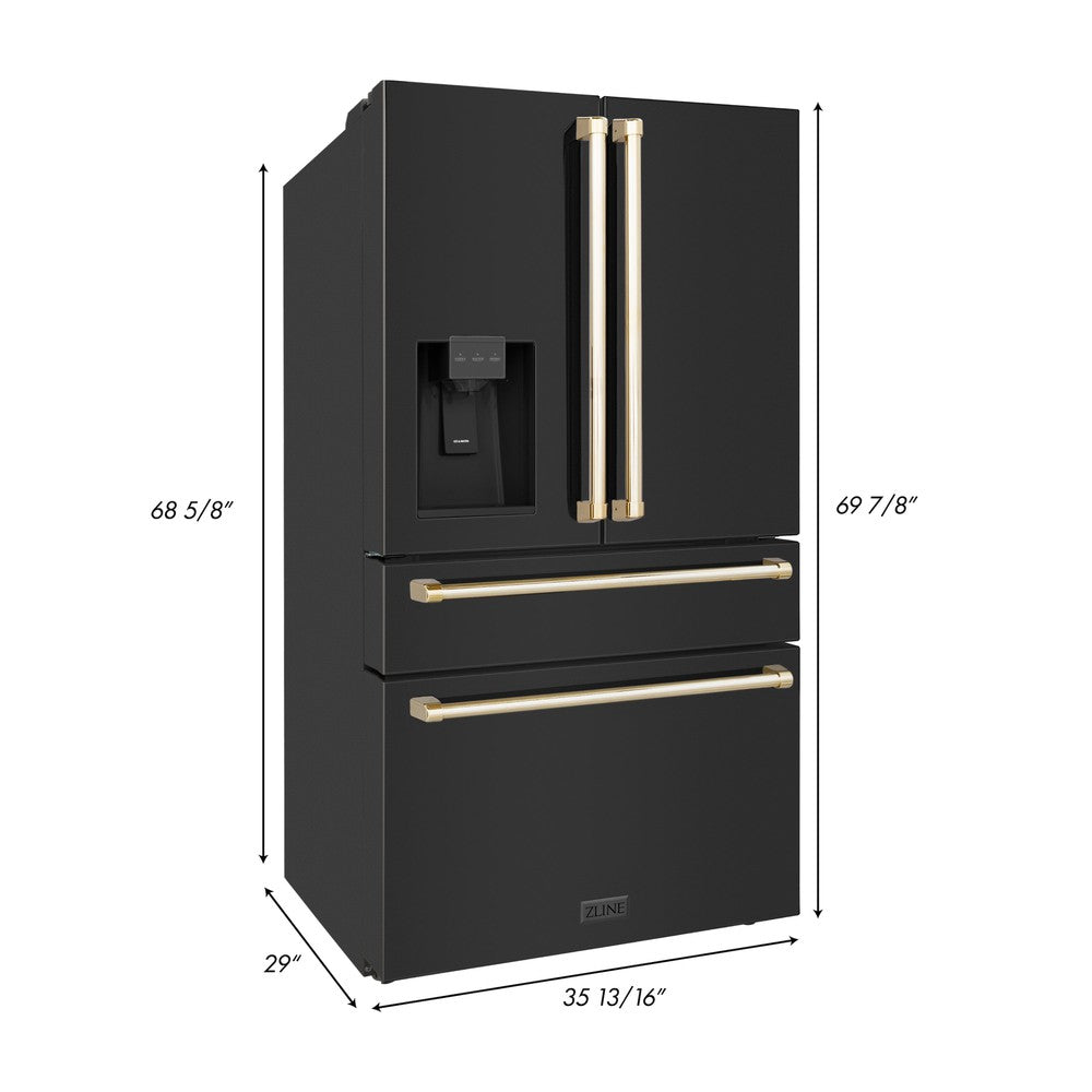 ZLINE 36 in. Autograph Edition 21.6 cu. ft Freestanding French Door Refrigerator with Water and Ice Dispenser in Fingerprint Resistant Black Stainless Steel with Polished Gold Accents (RFMZ-W-36-BS-G) dimensional measurements.